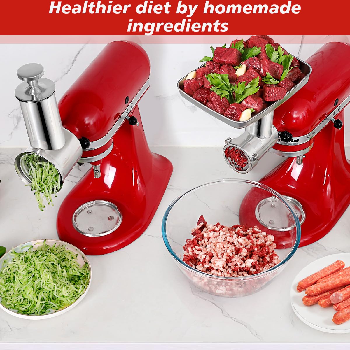 Durable Meat Grinder & Slicer Shredder Attachments Set for Kitchenaid Mixers,Dishwasher Safe Stainless Steel Packs with Cheese Grater & Sausage Stuffer Accessories