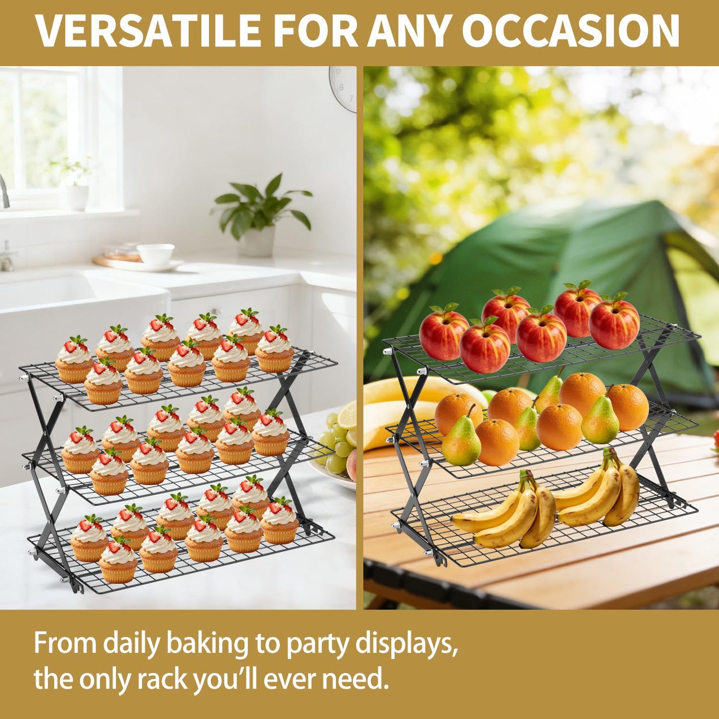 3-Tier Stackable Cooling Rack for Baking, Collapsible Wire Cookie Rack with Adjustable Heights, Non-Stick Roasting & Drying Rack for Cupcakes, Pies and Pastries, Space-Saving Kitchen Essential
