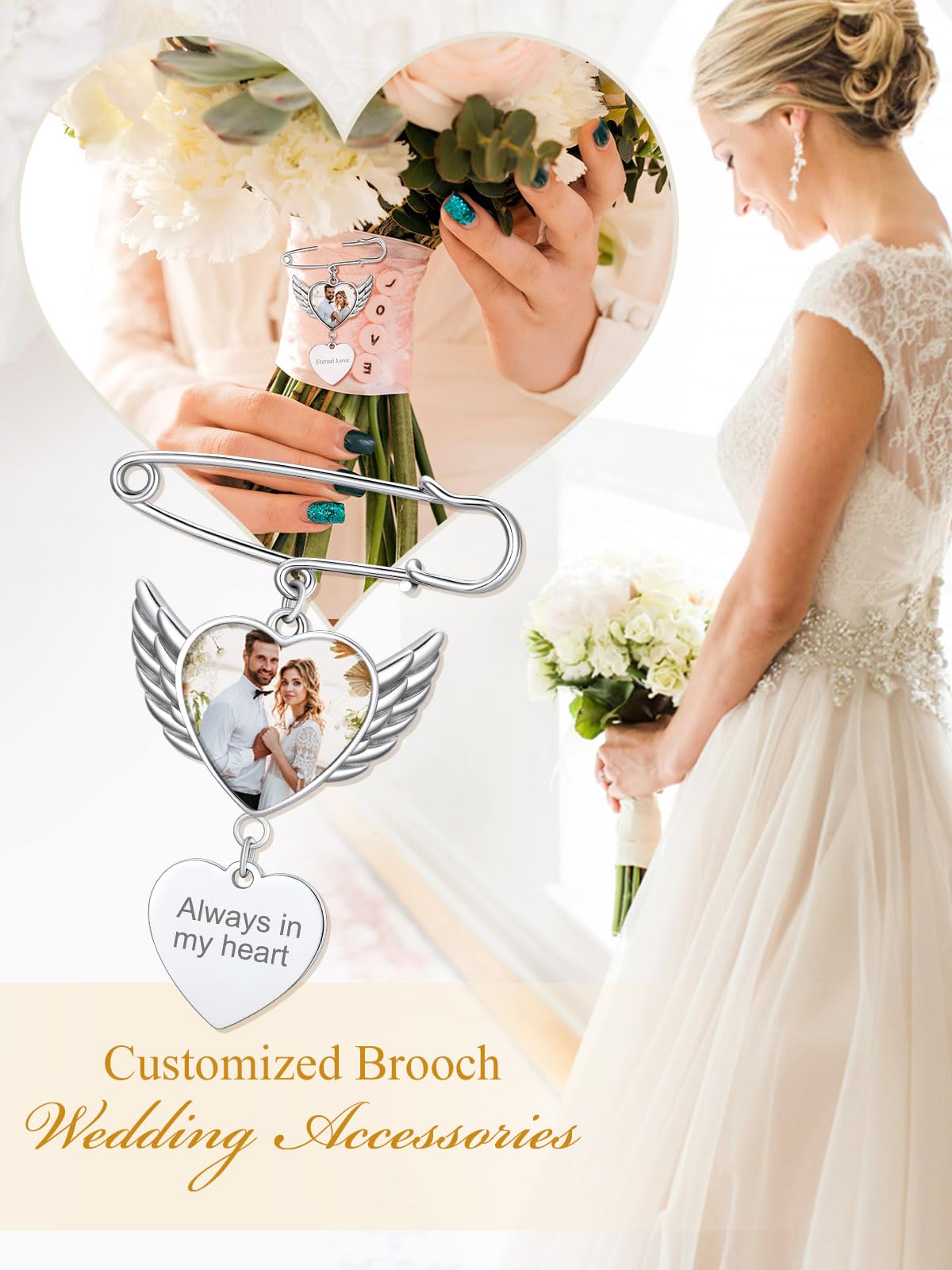 Custom4U Bouquet Picture Charm for Groom Names Customized Brooch for Wedding Memory Funeral Jewelry