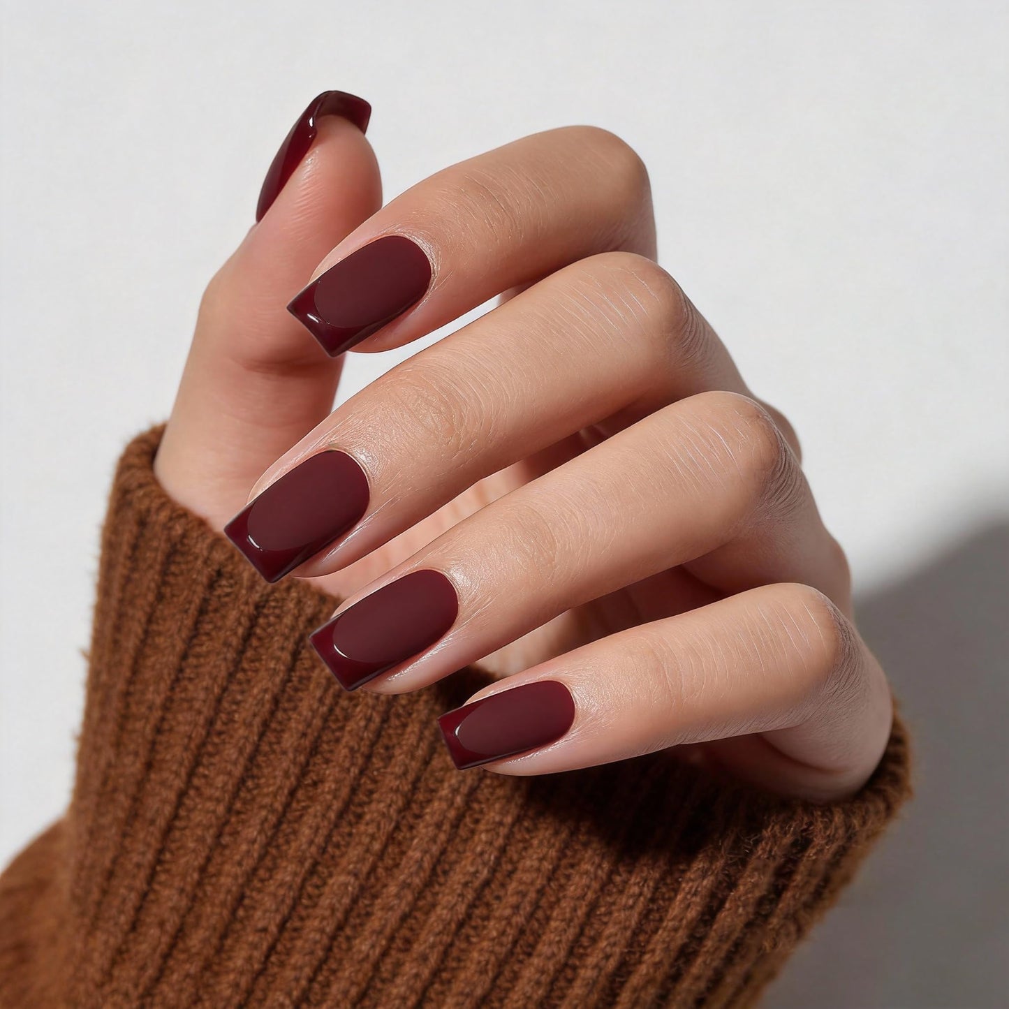 Dark Red Press On Nails Square -Short Red Nails with Glossy French Tips in a Matte Finish 16 Sizes - 32 Nail Kit with Glue