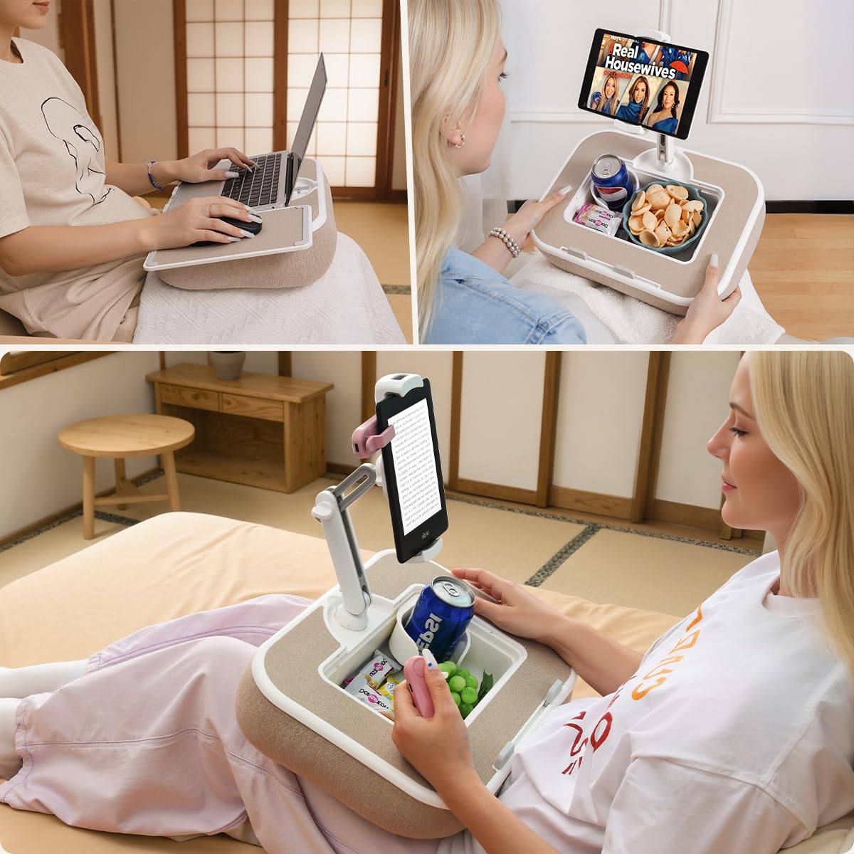 WISFISSH Tablet Pillow Stand with Snack Bowl and Writing Board, 360° Rotating Phone Holder for 4.7-13" Phone Kindle Tablet, Pillow Kindle Holder for Reading in Bed, Couch,Recliner,Floor Etc-Beige