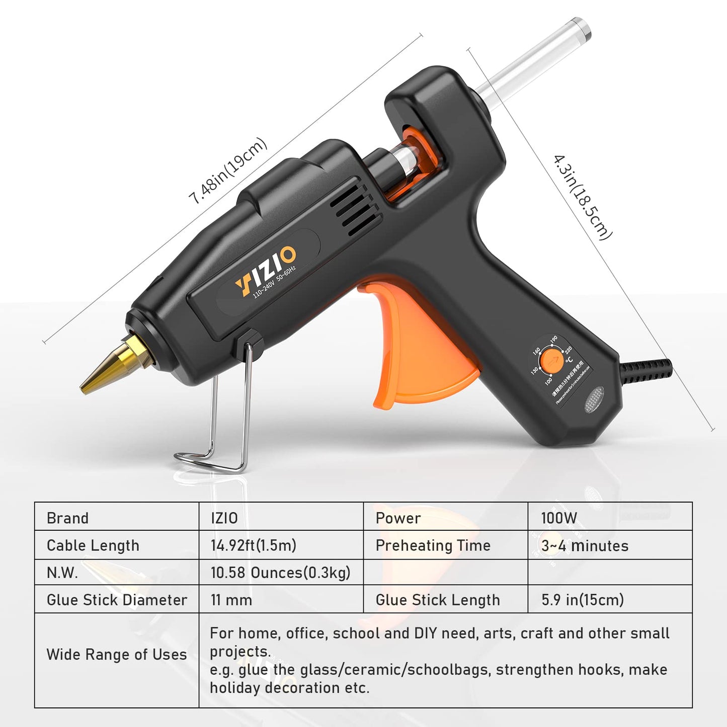 IZIO Full Size Hot Glue Gun and Sticks Set, 100-220W Adjustable Temperature, Fast Preheating Heavy Duty Industrial Gluegun With Storage Case, 21 Hot Glue Sticks For Crafting, Diy and Repairs (Black)