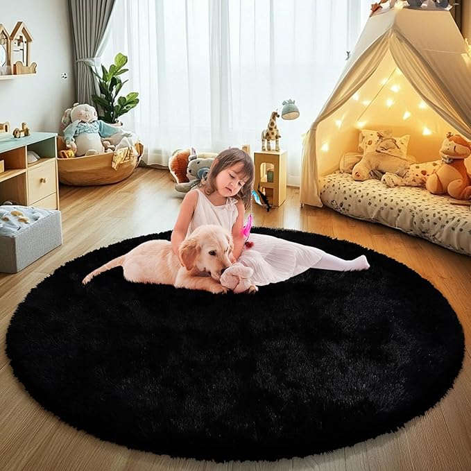 yulidayang Black Fluffy Round Area Rugs for Living Room,6'X6'Shag Circle Area Rugs for Bedroom,Non Slip Fuzzy Plush Rug for Kids Room Boys Girls Room and Dorm Home Decor Rug