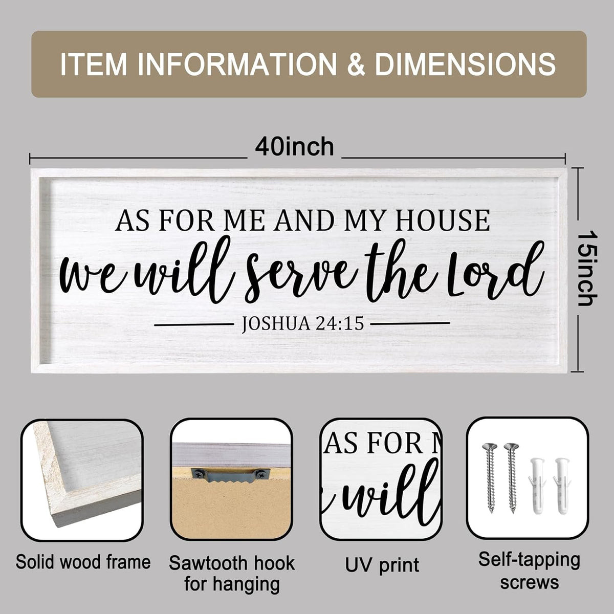 As For Me And My House We Will Serve The Lord Framed Wall Art, 40''×15'' Positive Religious Bible Verse for Christian God Jesus Christ Prayer, Vintage Rustic Long Holy Catholic Scripture Decor