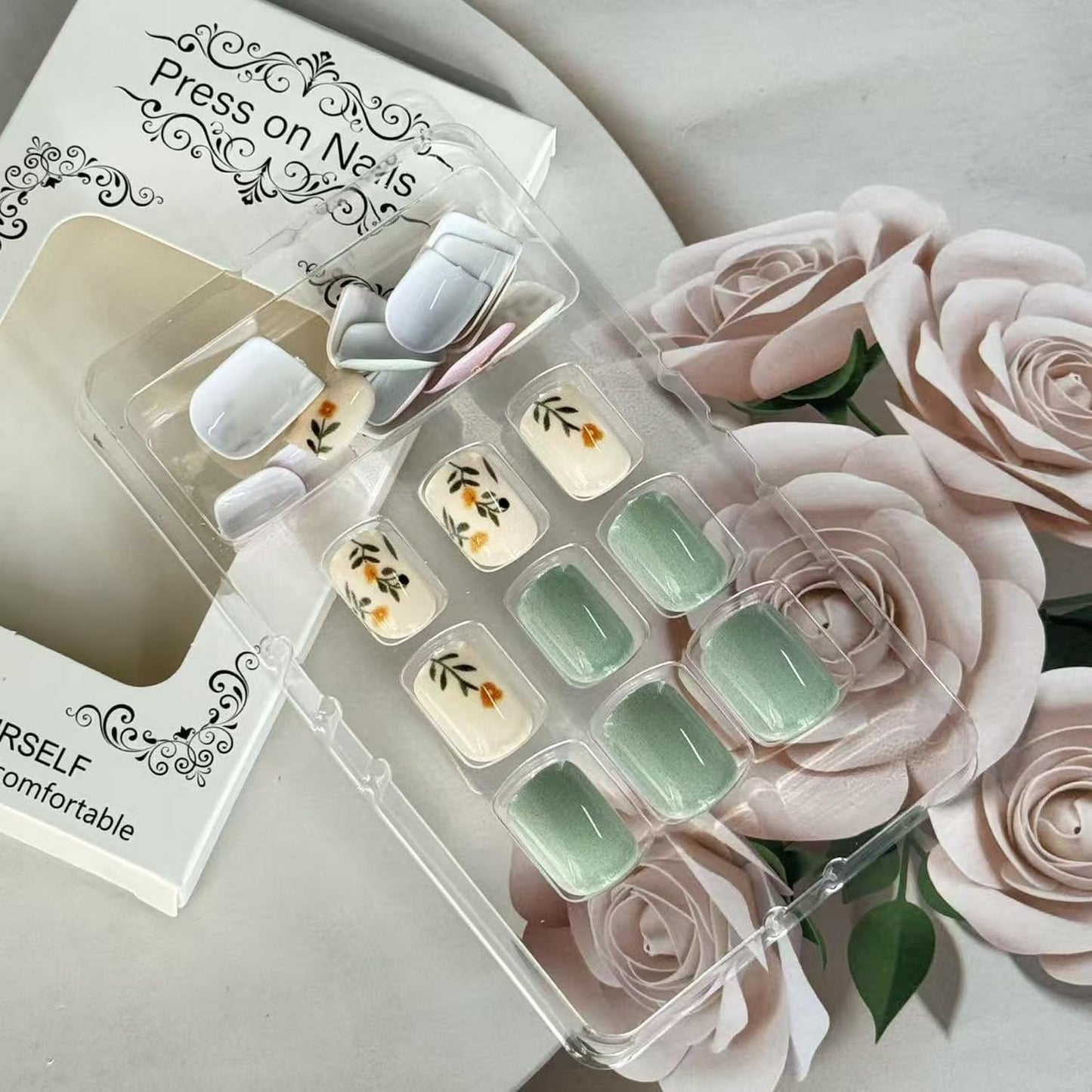 Spring Press on Nail Short Square Fake Nails Full Cover Green Leaves Floral designs Stick on Nail Cute Artificial Acrylic False Nails Glossy Reusable Glue on Nails Summer Press ones for Women 24pcs