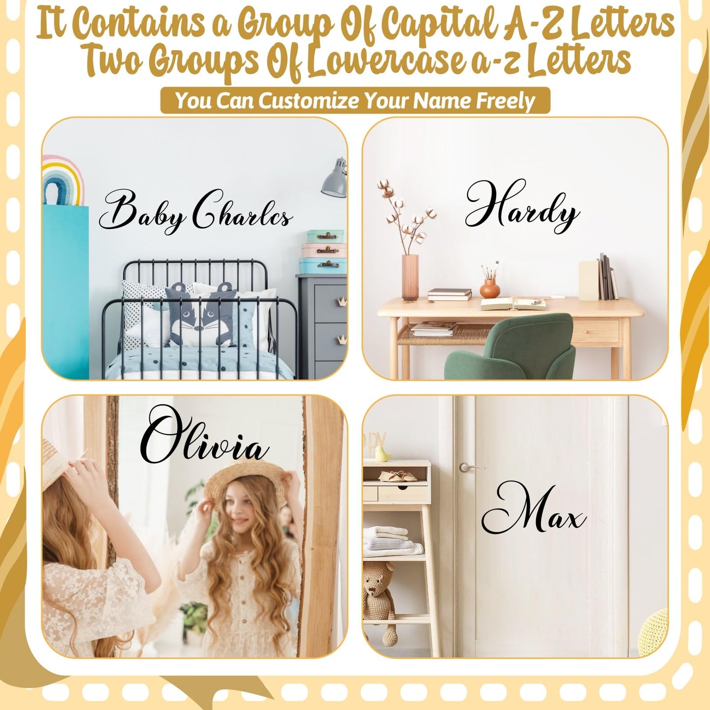 Custom Name Wall Stickers Personalized Name Vinyl Decals for Baby Kids Room Wall Decor Custom Names Sign for Backdrop DIY Alphabet ABC Sticker for Nursery Toddler Bedroom Playroom Home Decorations