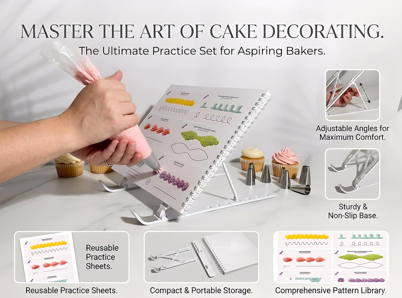 MDTARVF Upgraded Cake Practice Decorating Board with Adjustable Stand Thickened Waterproof, 23 Sheets Icing Piping Nozzles Practice Drawings Cake Decorating Kit Baking Supplies for Beginner Home Baker