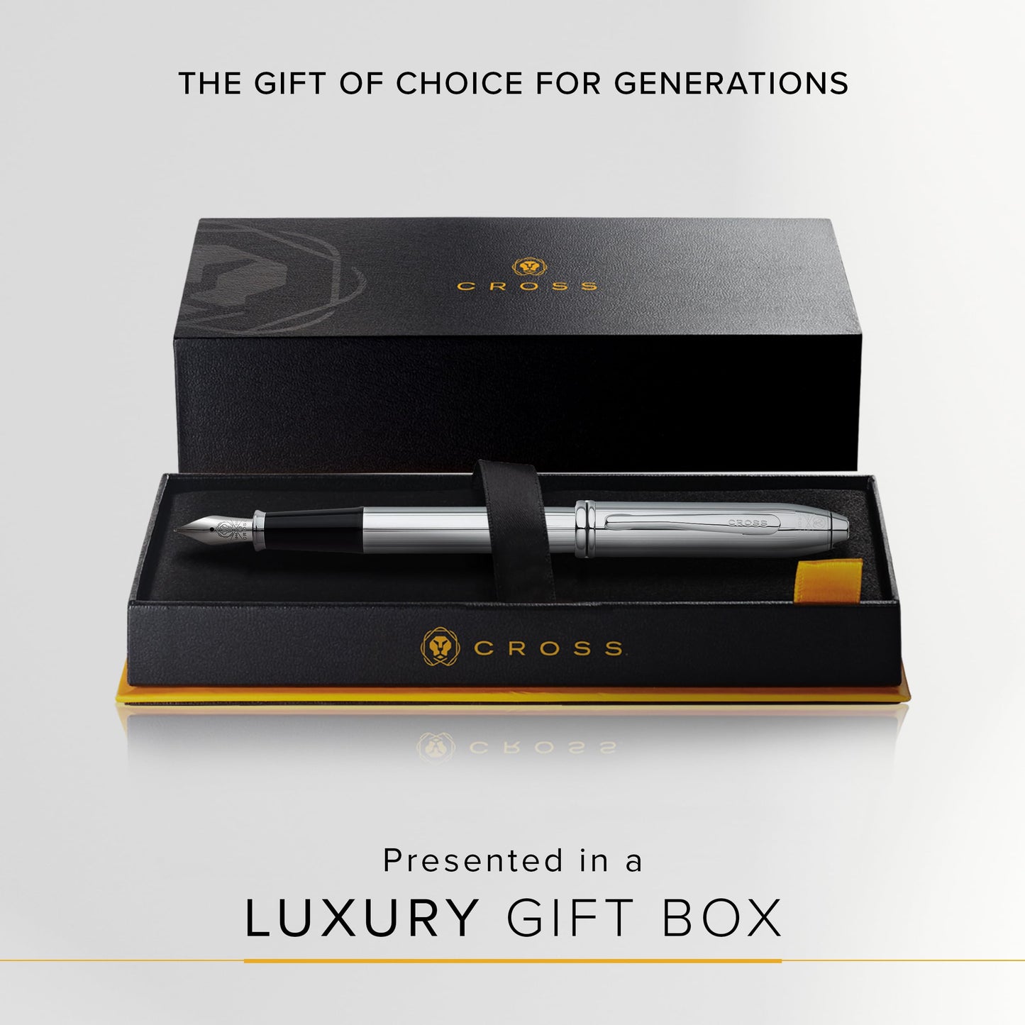 Cross Townsend Refillable Fountain Presented in a Luxury Gift Box - Medium Point, Black Ink, Lustrous Chrome