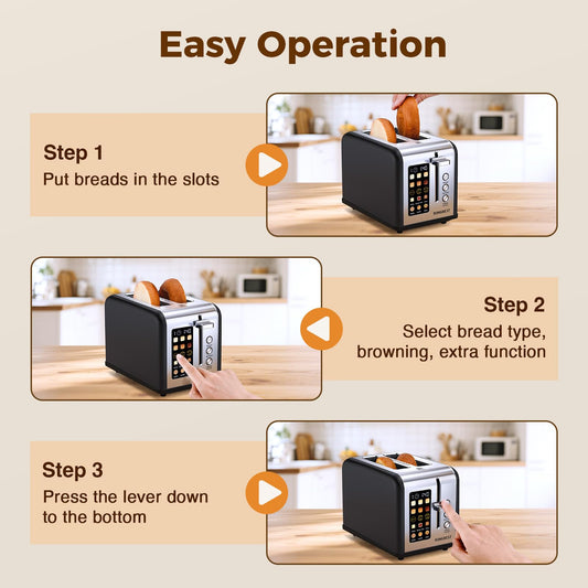 2 Slice Touch Screen Toaster Stainless Steel with Wide Slots, Even Toasting for Bagels & Bread, Defrost & Reheat, Easy Removable Crumb Tray, Matt Black