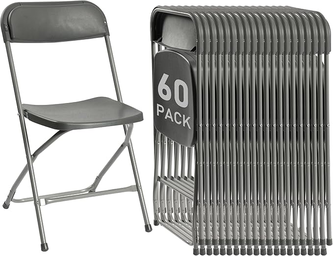 60 Pack Plastic Folding Chairs, Portable Party Chairs, Stackable Commercial Seats with Steel Frame for Home Office Wedding Party Indoor Outdoor Events Chairs, 350lbs Capacity,Gray