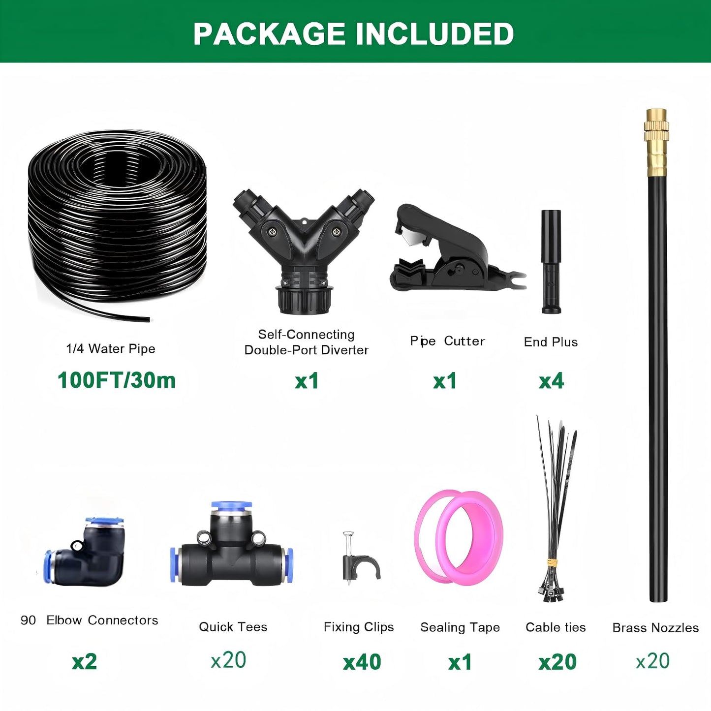Drip Irrigation System with Brass Nozzles – 2026 Upgrade 100FT Garden Watering Kit with 20Pcs 360° Adjustable Misting Sprinklers Quick Connect Fittings for Raised Beds, Lawn, Patio