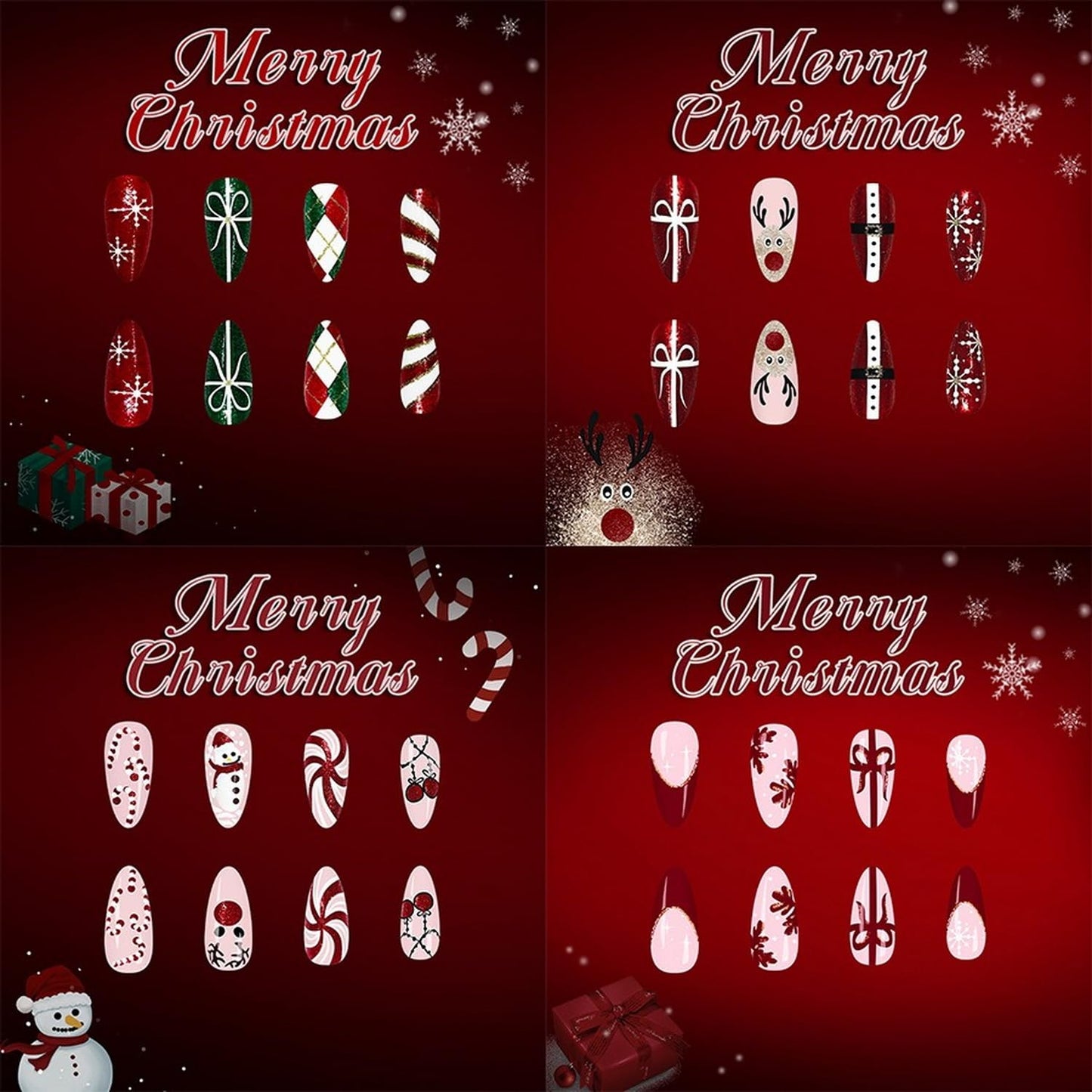 Christmas Press on Nails Kit 96 Pcs Medium Almond Fake Nails 4 Style Red French Tip False Nails with Snowflake Bow Snowman Cane Candy Designs Glossy Glue on Nail Winter Acrylic Nails for Women Girls