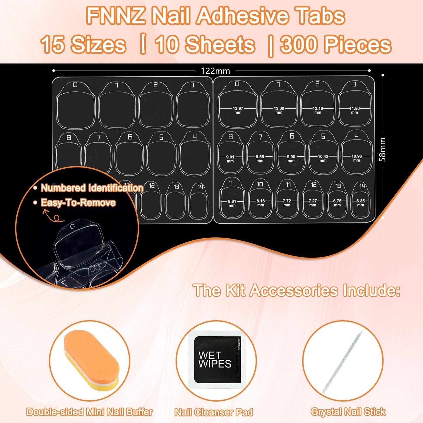 FNNZ 300 Pcs (10 Sheets) Nail Adhesive Tabs, Ultra Thin Double-Sided Nail Sticky Tabs for Press on, 15 Sizes Jelly Nail Glue Stickers Waterproof Press on Nail Sticky Tabs for Manicure Nail Accessories