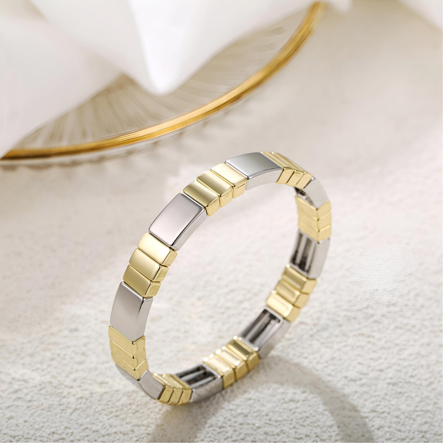 AOLIMI 18k Gold Plated and Silver Bracelet for Women Trendy Two Tone Square Stretch Bracelets Stackable Jewelry