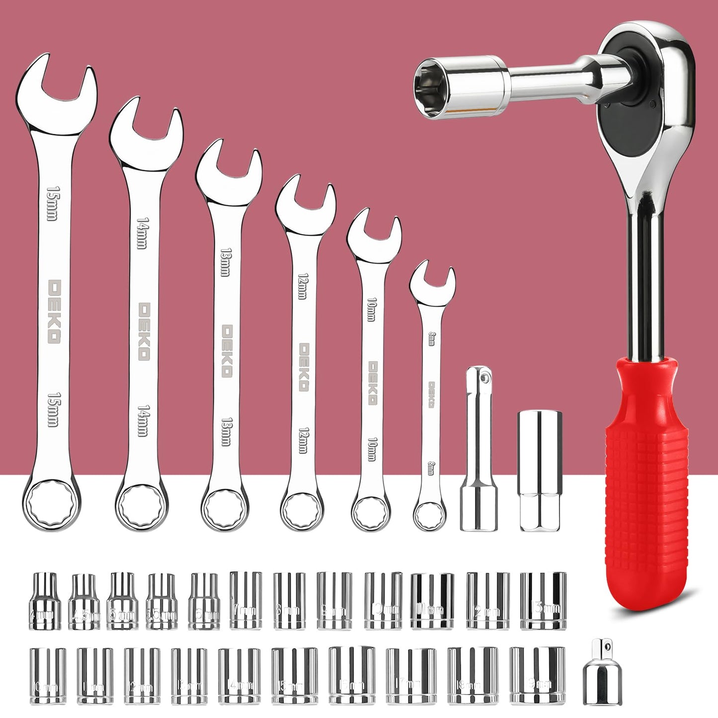 DEKOPRO Tool Set:228 Piece Home Tool Kit, Household Basic Repair Tool Set Comes with Plastic Storage Case, Socket Wrench Set for Car-Red