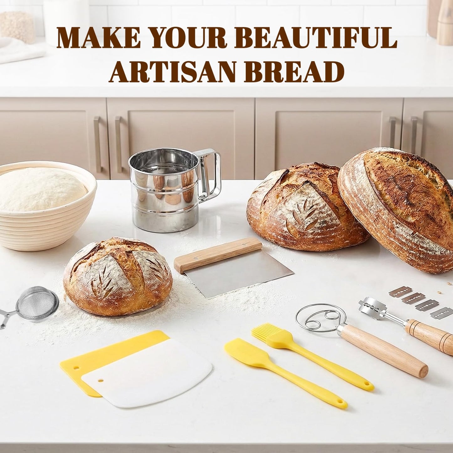 Sourdough Bread Baking Tool Set with Bread Lame & Blades Danish Dough Whisk Bowl Scraper Dough Scraper, Cleaning Brushand Silicone Brush Filter Tennis Ball,Spraying template, Sourdough Starter Kit