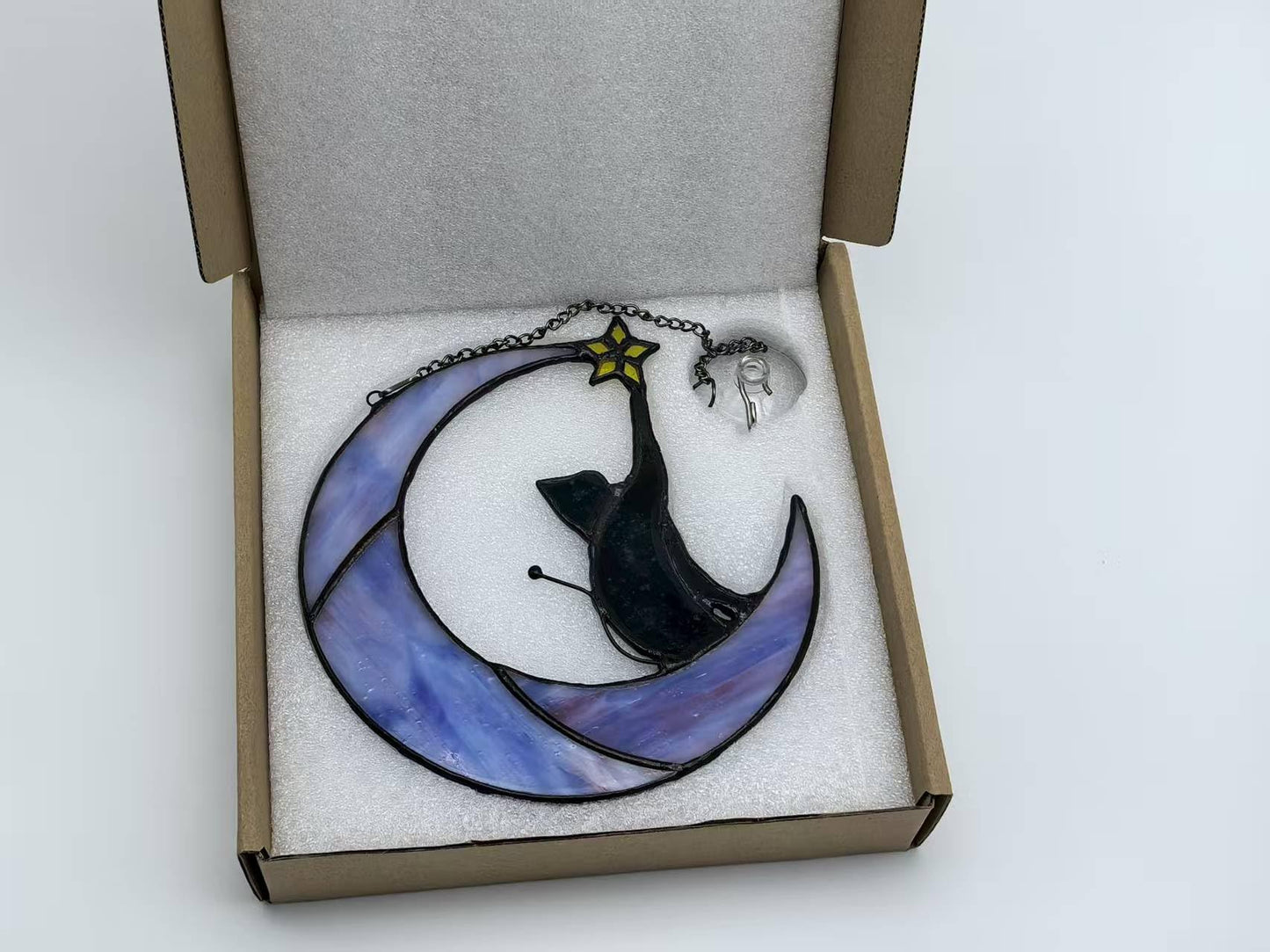 GONGWANTON Handmade Cat Stained Glass Window Suncatcher, Moon Design, Home Decor Hanging Ornament (Gift 5)