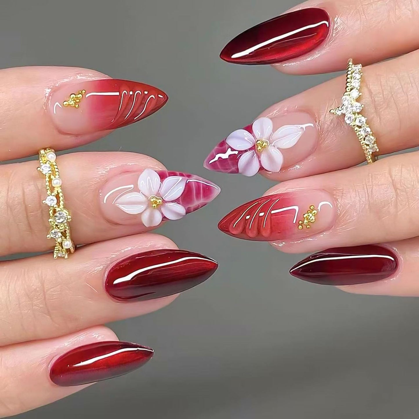 RUOKEXIN Almond Press on Nails French Tip Fake Nails Orange Ombre False Nails with 3D Flower Designs Medium Nail Press ons Sparkly Artificial Nails for Women 24Pcs