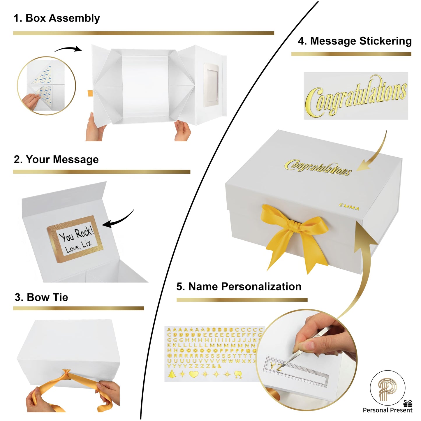 Medium Pack Of 3 Luxury White Gift Box 10x8x5 Inches – Personalized Mother's Name DIY Kit, Magnetic Lid & Bow – 3D “Congratulations” Text, Card & Bag – Mother's day, Birthdays, Weddings, Bridesmaid Proposals & More