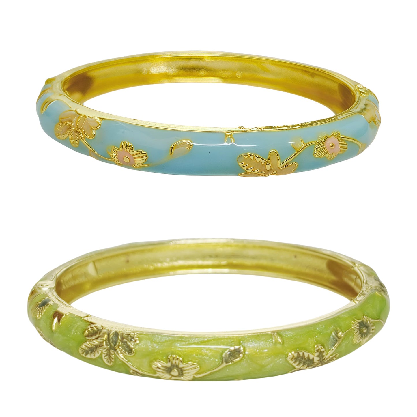 Cloisonne Bracelet For Women, Chunky Bangle Trendy Cute Flower Enamel Bangles Multi Tone Engraved Cuff Gold Plated Bracelets Stackable Wife Jewelry Friendship Gift (Blue&Dark Green Set, One Size)