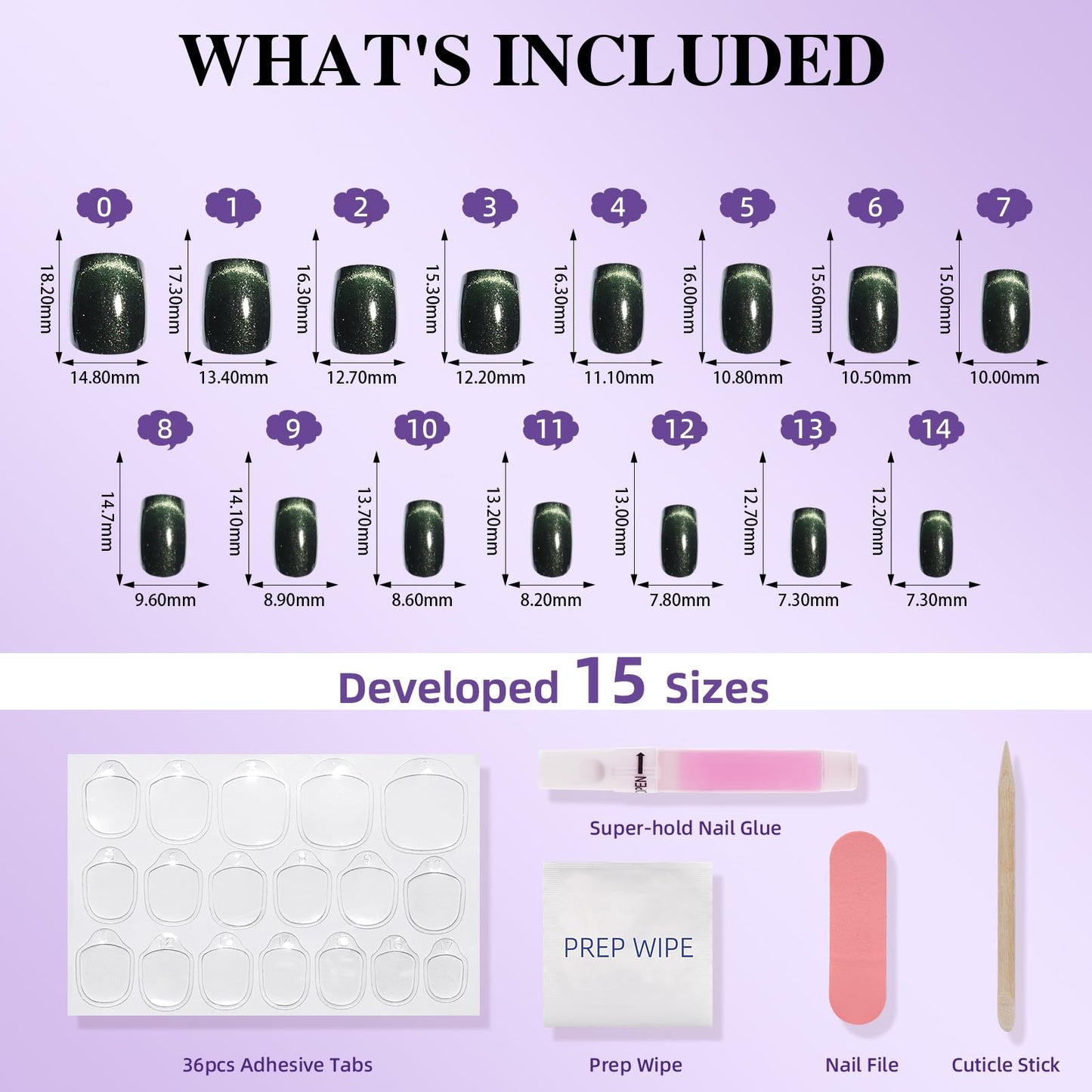 Green Cat Eye Press On Nails - Short Square Magnetic Cat Eye Press On Nails, Reusable Fake Nails Kit with Nail Glue, 30PCS 15 Sizes