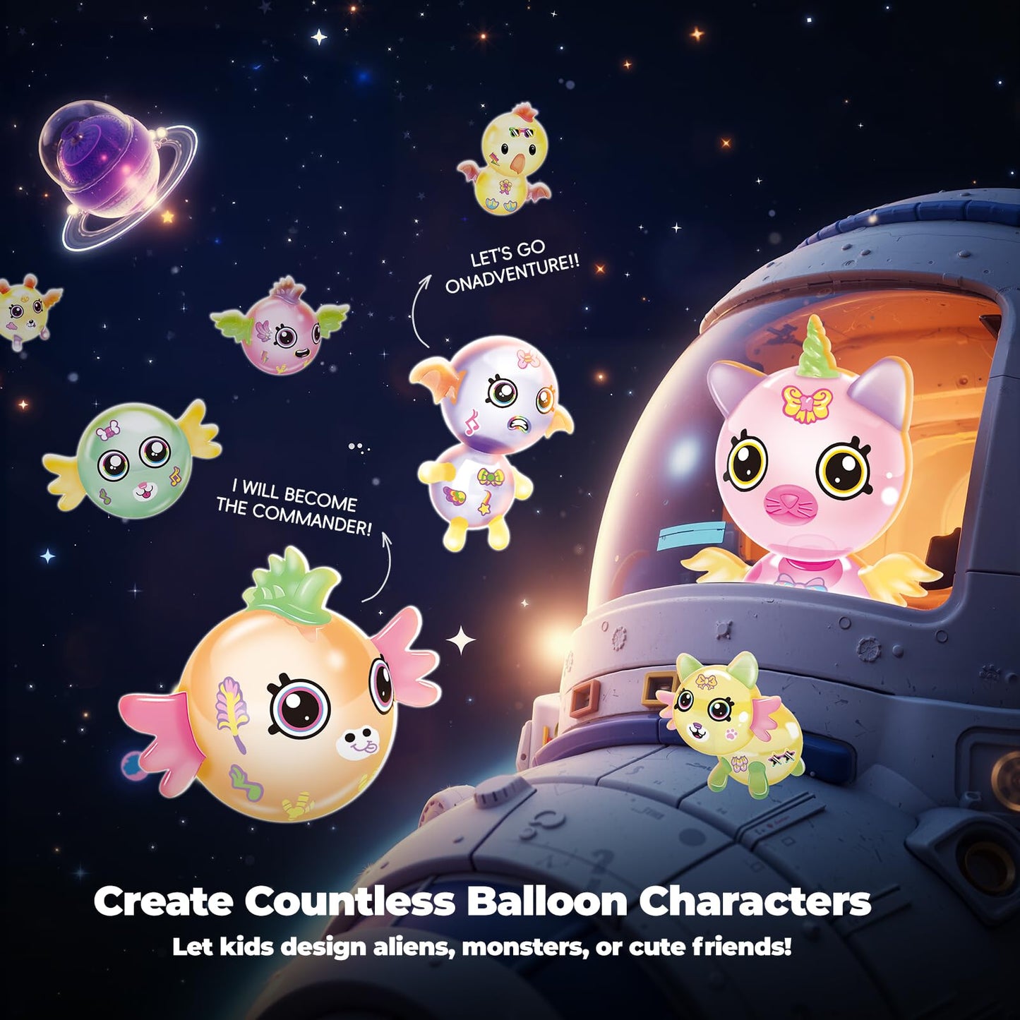 PINSHILE DIY Space Magic Balloon Craft Kit, Sticker Decorated Balloons Toy for Kids, Rocket Air Pump Fun with Balloon Monster Pals, DIY Creative Activity, Birthday Gifts for Girls Boys Ages 3+