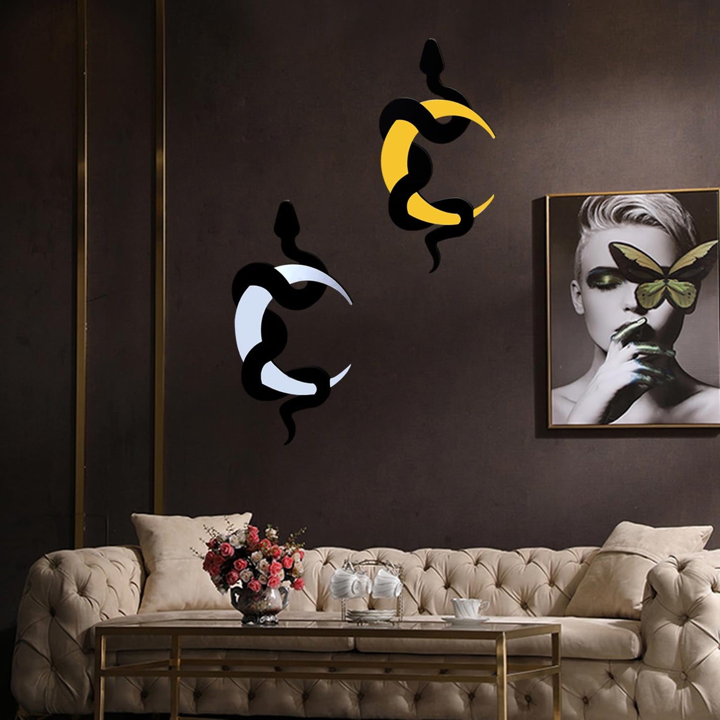 Rifyta Gothic Decor Witchy Decor Snake and Moon Mirror Goth Home Decorations Gothic Wall Art for Bathroom Bedroom Living Room Hallway（Gold and Silver）