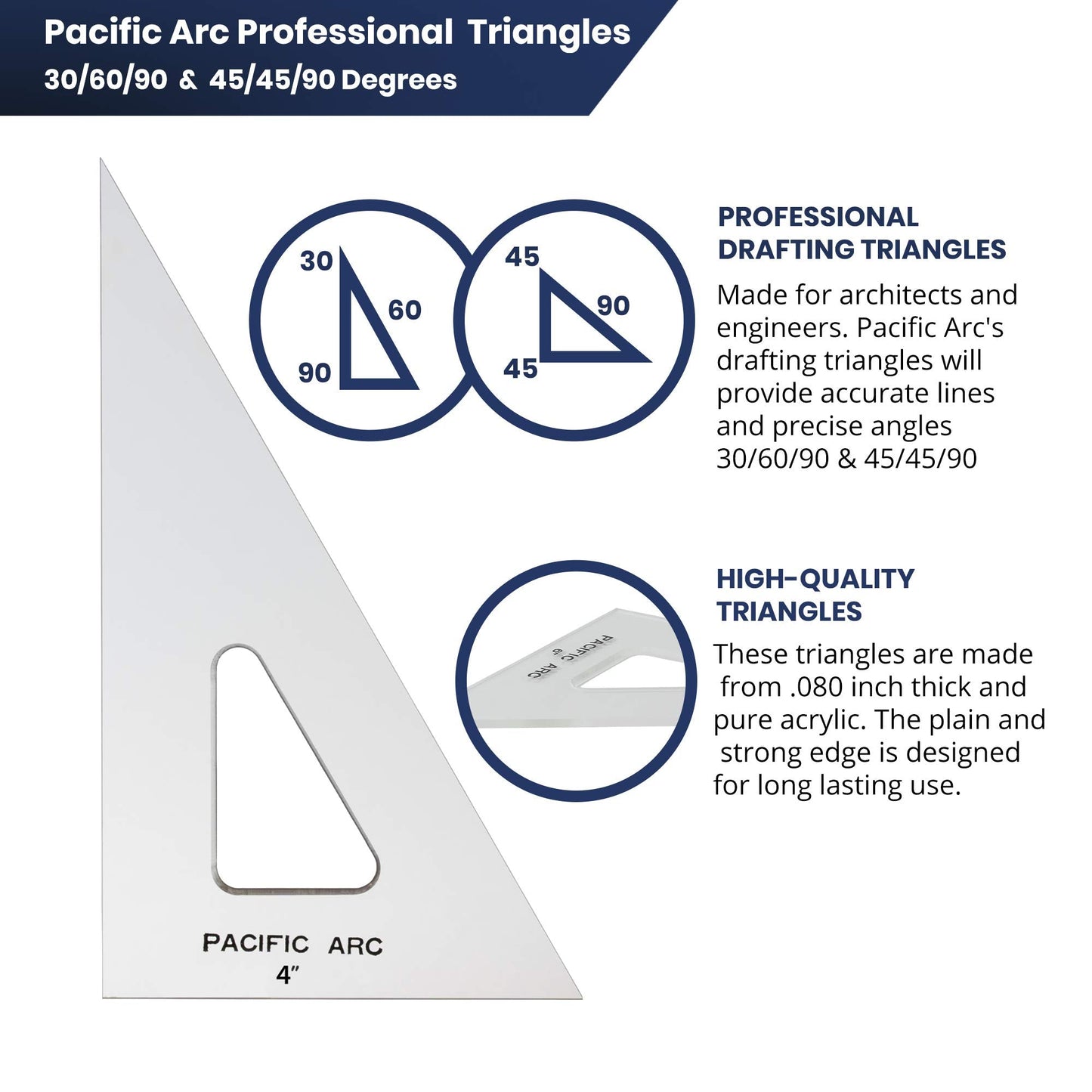 Pacific Arc Drafting Triangle, 18-inch, 45/90 Degrees, Clear Acrylic