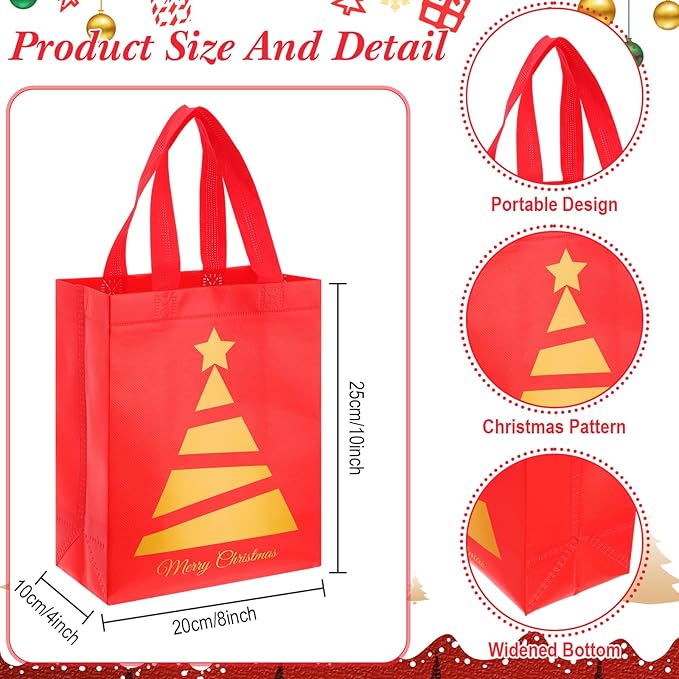 Wesnoy 24 Pcs Christmas Gift Bags Bulk 10 x 8 x 4 Inch Christmas Red Gold Non Woven Party Favors Goodies Candy Bags with Handles for Holiday Gift Birthday Party Supplies