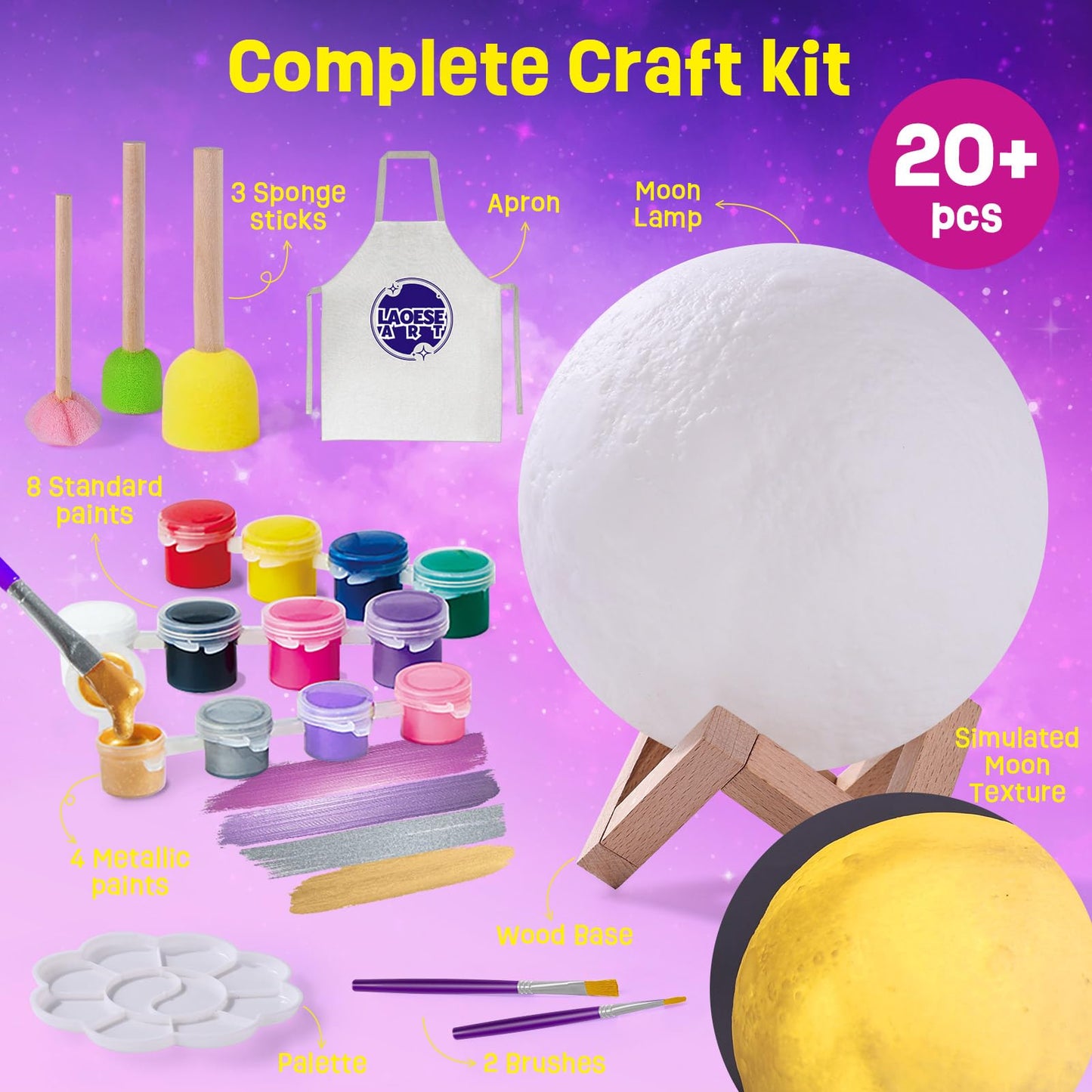 LAOESE Paint Your Own Moon Lamp Kit, Cool Gifts DIY 3D Moon Night Light, Arts and Crafts for Kids Ages 8-12, Space Art Supplies Craft Kits, Girls Boys Birthday Gifts for Kids Ages 3 4 5 6 7 8-12+