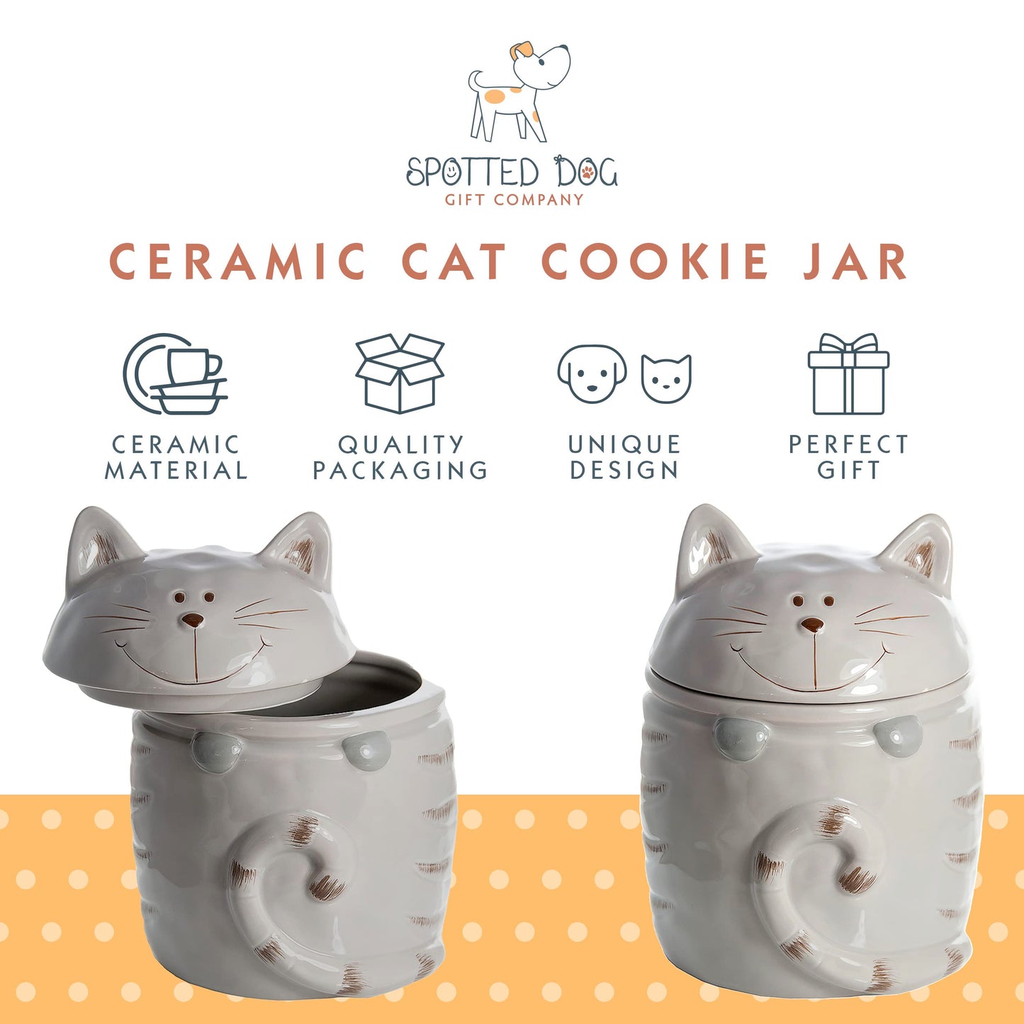 SPOTTED DOG GIFT COMPANY Ceramic Cookie Jar with Lid, Large Cat Treat Container for Cookies & Biscuits, Cute Novelty Kitchen Storage for Countertop, Gifts for Cat Lovers - 47oz Gray