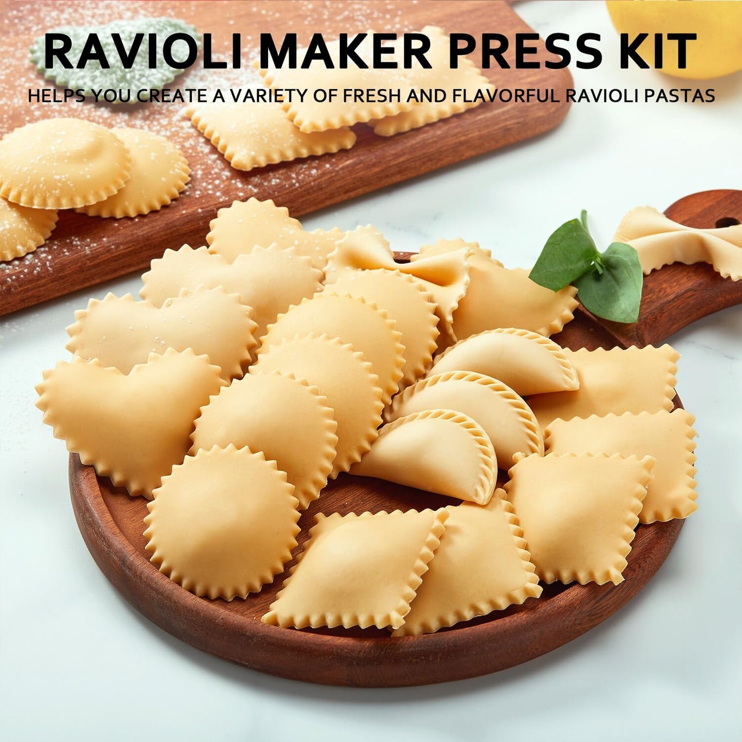 MUMSUNG Ravioli Maker Press, Ravioli Press Mold Set - Round, Heart, Square Ravioli Stamp Maker Cutter with Wood Rolling Pin, 2.6" Empanada Maker Press Kit and Ravioli Wheel 3 PCS