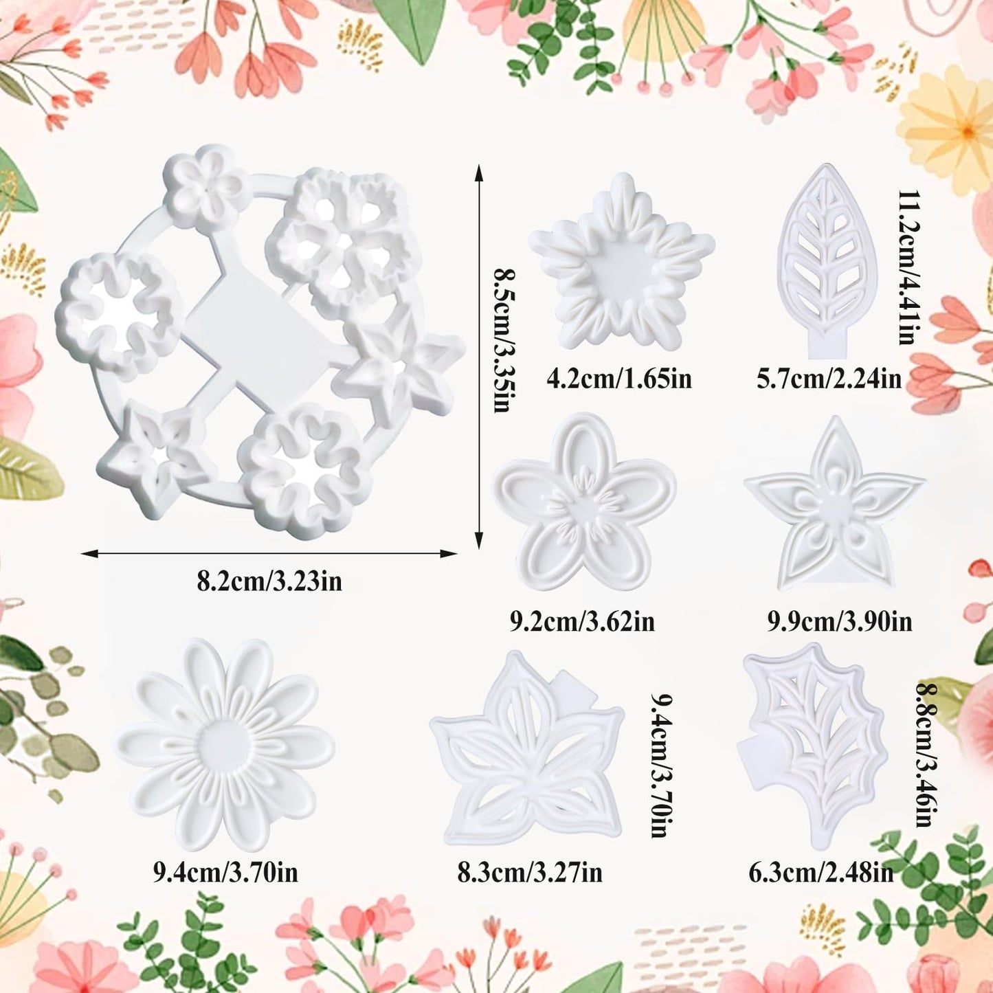 13Pcs Fondant Flower & Leaf Mold Kit, Includes Cherry Blossom, Daisy & Periwinkle Designs, Complete Sugarcraft Supplies for Cake Art