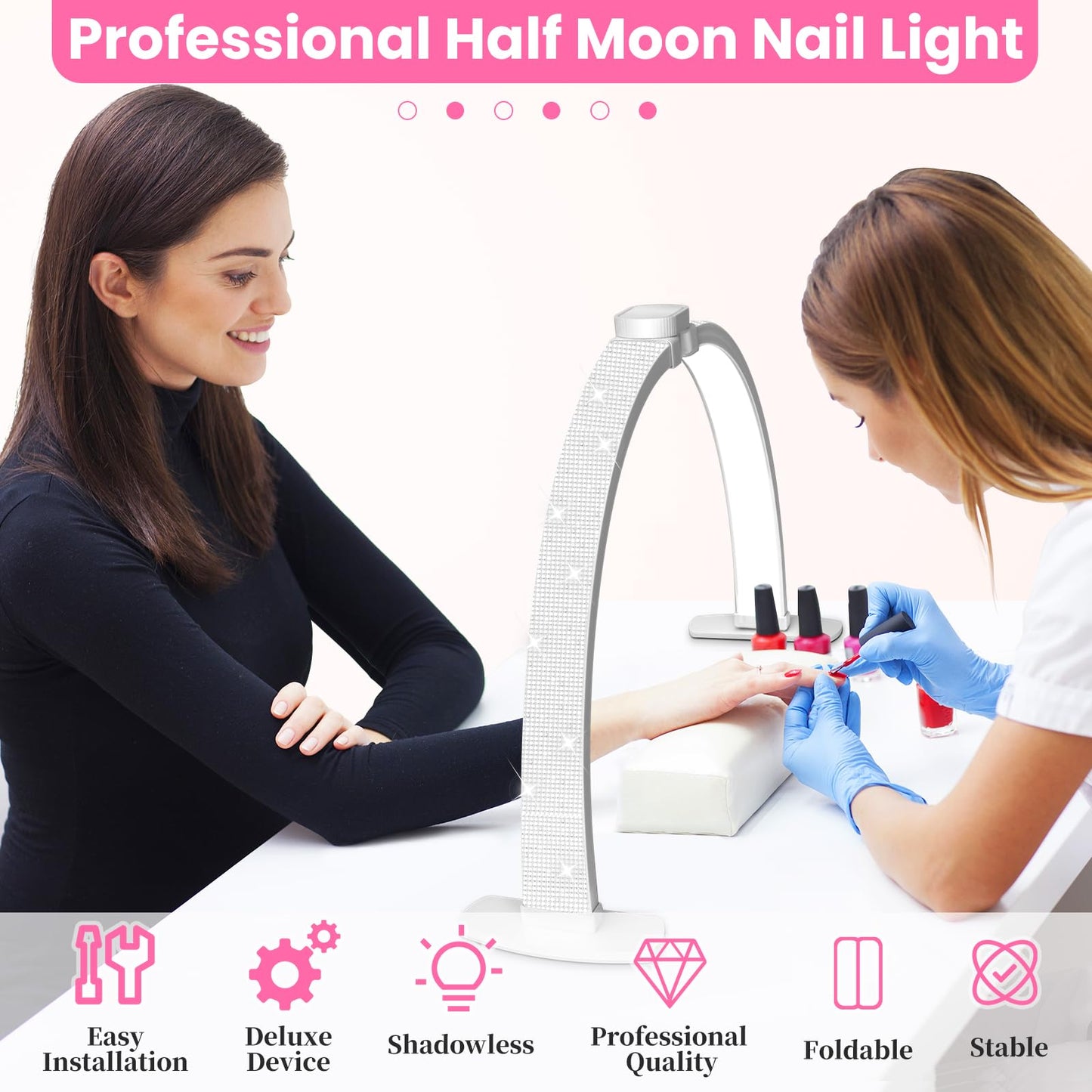 Uiopy Nail Half Moon Light: Arch Rhinestone LED 29in Moonlight with Phone Holder Stand 3 Light Colors /10 Brightness Levels - Professional Nail Salon Esthetician Media Tech(Diamond,Large)