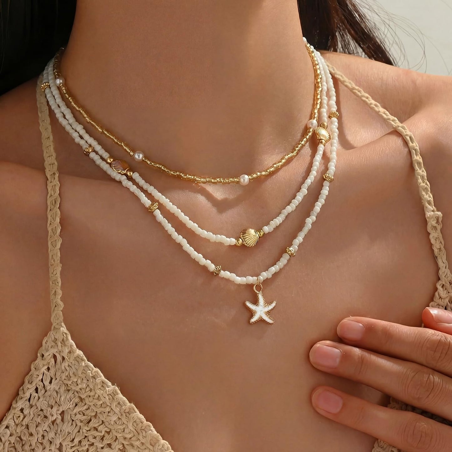 Nackiy Handmade Sea Shell Necklace for Women Summer Adjustable Natural Shell Collar Necklace (Starfish 3pcs)