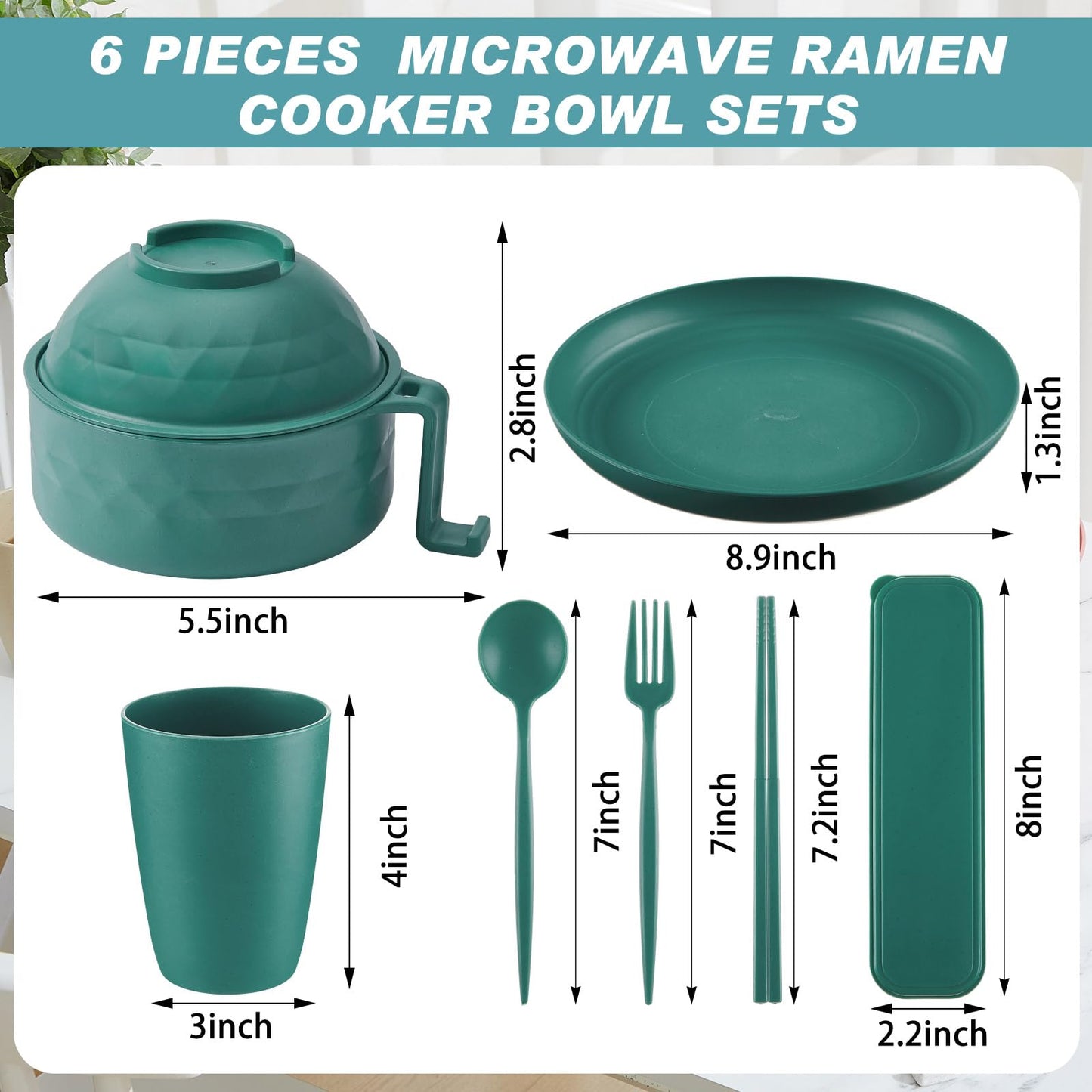 Romooa 6 Pcs Microwave Ramen Cooker Set Microwavable Wheat Straw Dinnerware Sets with 40oz Ramen Bowl, Plates, Cups and Cutlery Box, Dishwasher Safe Camping College Dorm (Dark Green)