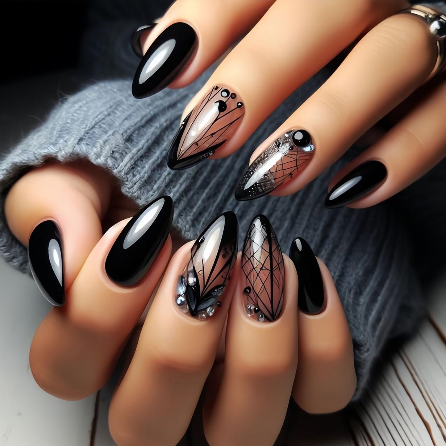 Black Gradient French Tip Press on Nails Medium Almond Fake Nails Irregular Lines Acrylic Glue on Nail Glossy Full Cover False Nail for Women
