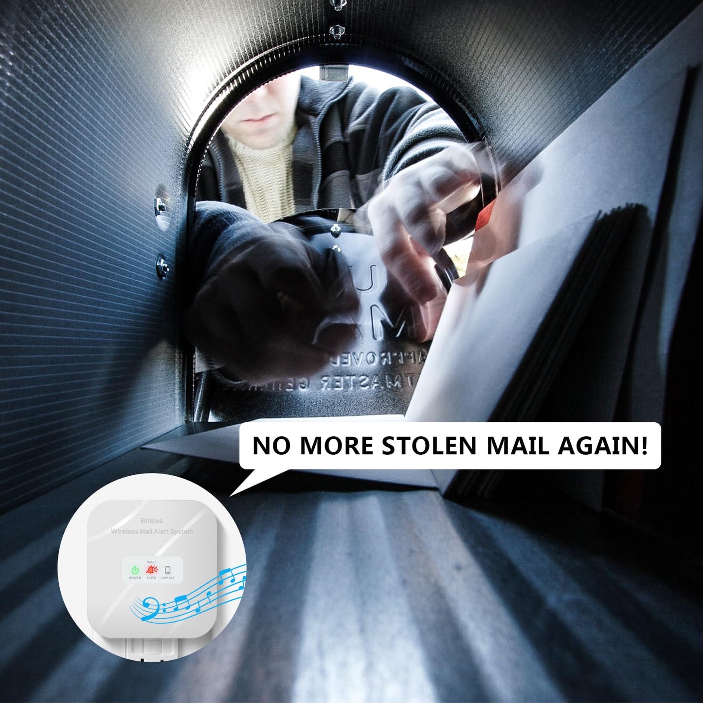 Briidea Mailbox Alarm, Wireless, Battery Powered, White, 500ft Range, LED Flash & Sound Alerts, Low Battery Reminder, Easy Installation, Secure Your Mail & Never Miss an Alert
