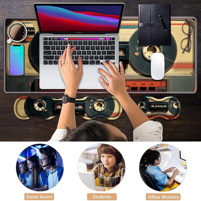 Ergonomic Keyboard Wrist Rest & Mouse Pad Wrist Rest Set, Large XXL Gaming Desk Mat 31.5"x 11.8" with Memory Foam, Easy Typing Pain Relief for Office & Home, Retro Tape Recorder