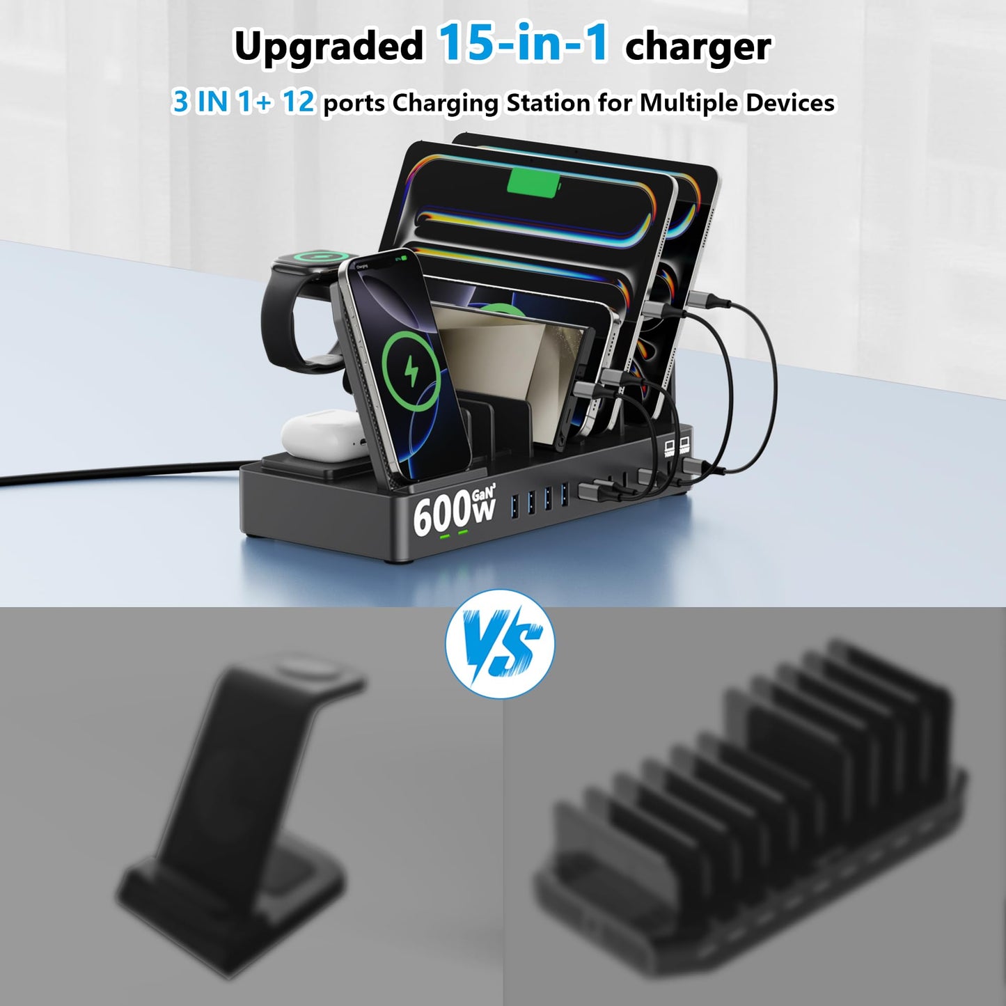 600w Charging Station for Multiple Devices, 15 in 1 Wireless Charging Station for Apple, Dual 100w USB C Tablet Charging Station for MacBook,iPhone,iPad,Tablet(Black)