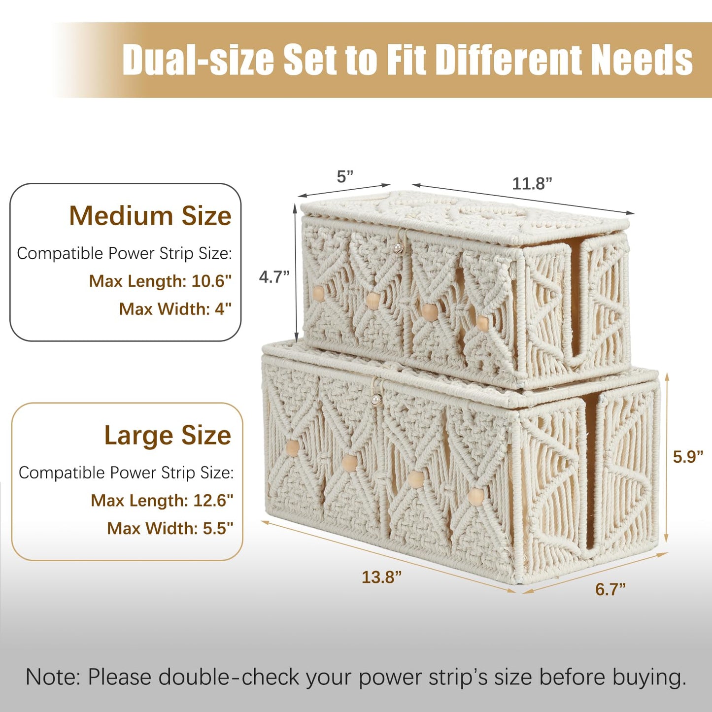 VinneGenzz 2PCS Cable Management Boxes Handmade Macrame Cord Storage Organizer Power Strips Outlet Router TV Wire Hider Cover Under Desk Natural Cotton Rope Woven Box with Lid (1 Large 1 Medium)