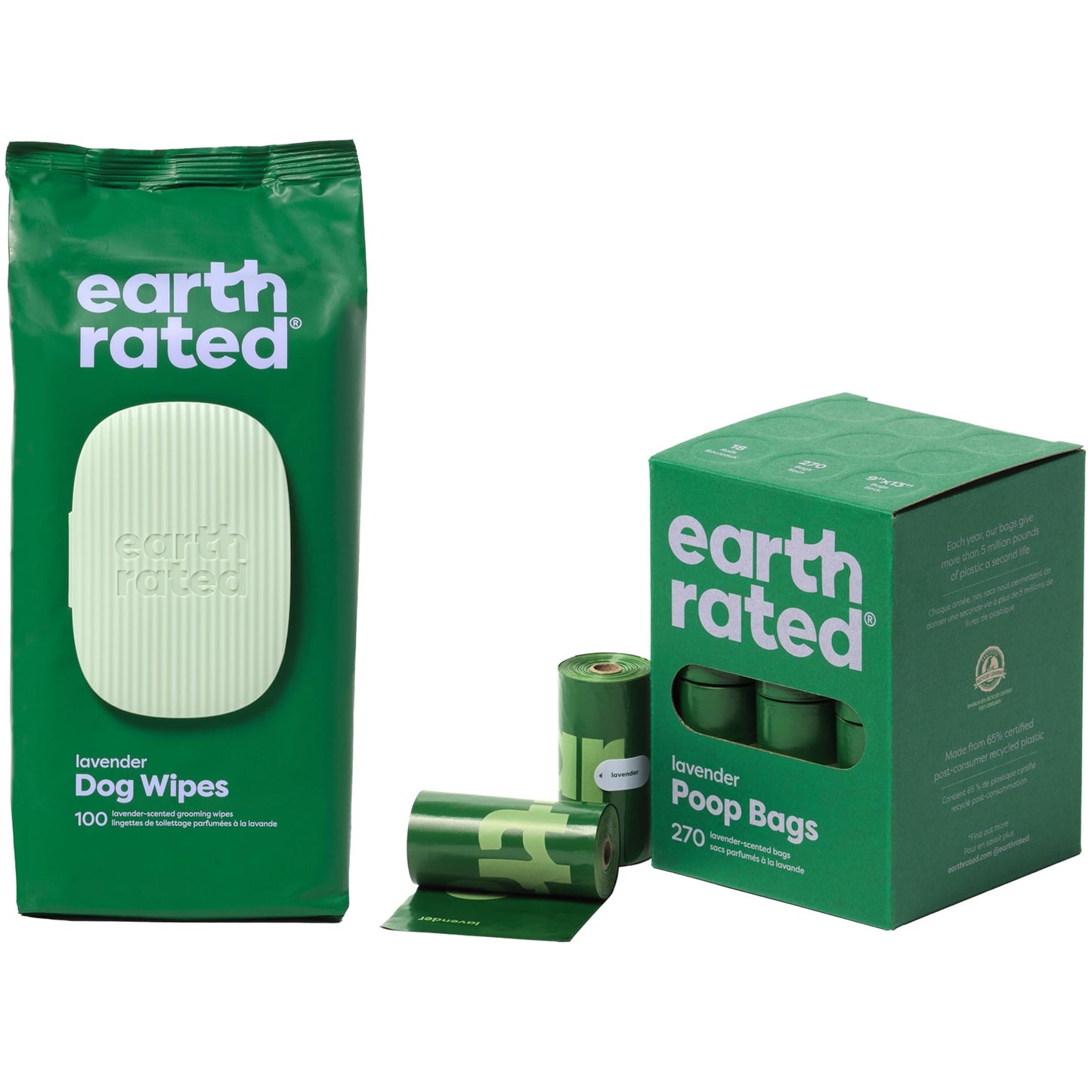 Earth Rated Essentials Bundle - 100 Lavender-scented Grooming Wipes and 270 Dog Waste Bags