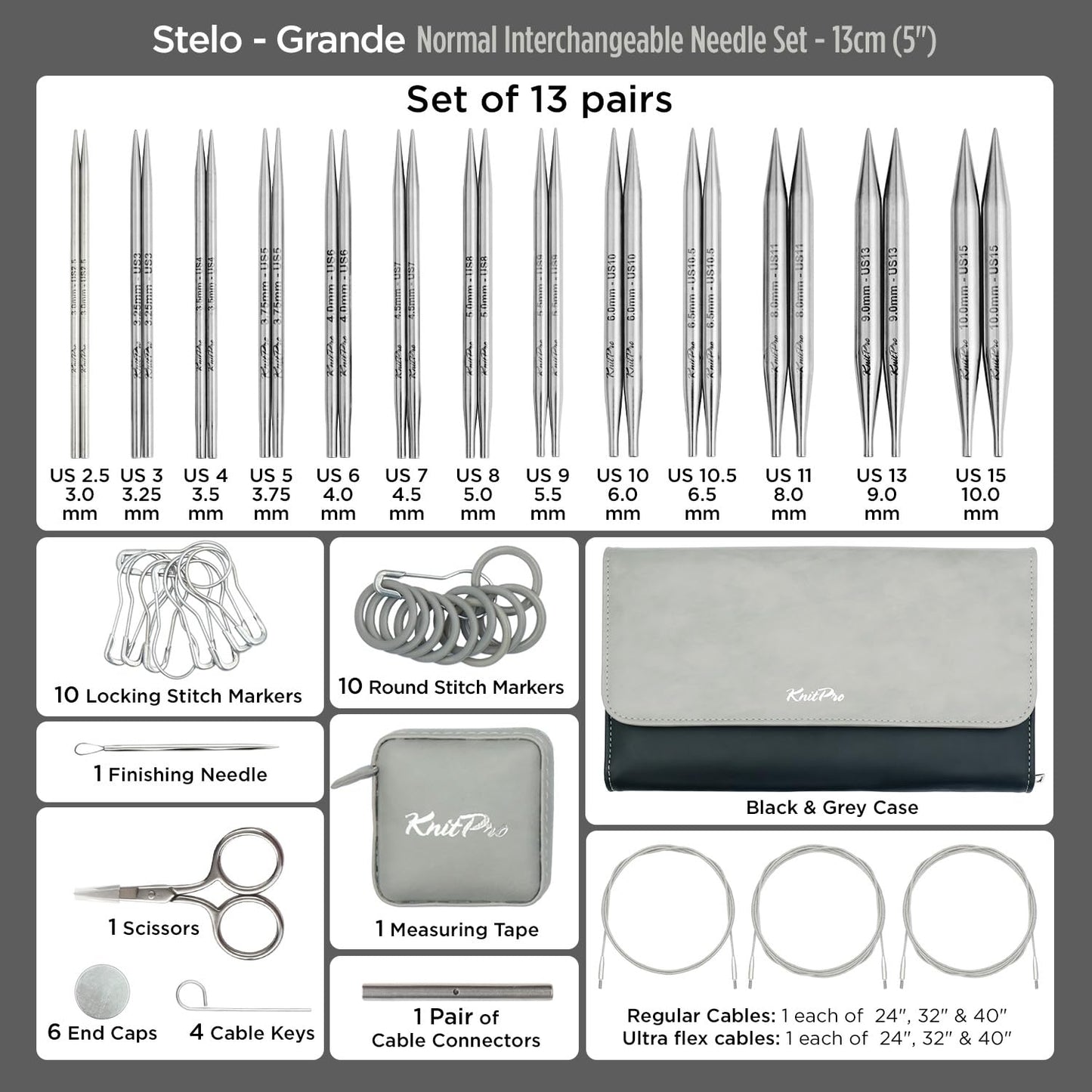 KnitPro Stelo Grande Normal Interchangeable Needle Set 5" (13cm) | 13 US Sizes (2.5 to 15)
