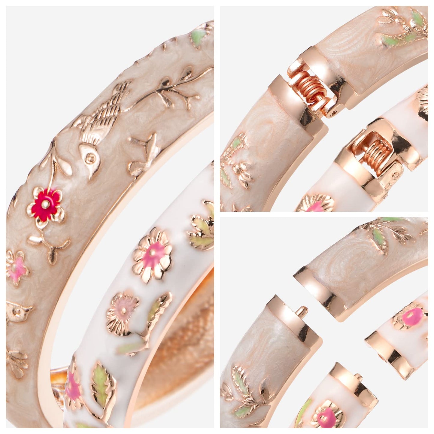 UJOY Colors Handcraft Jewelry Cloisonne Bracelet Enamel Bird Spring Hinged Womens Bangles Gifts Box 55C49-55A18 Cream and White