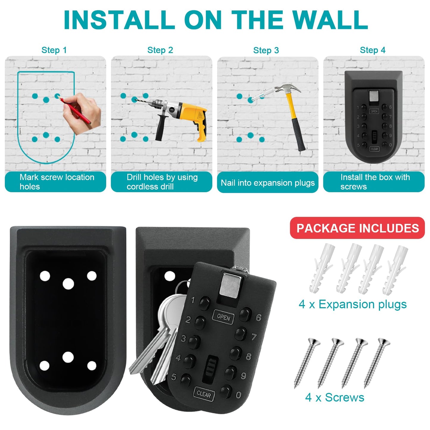 KAYCROWN Key Lock Box for Outside, Wall Mount Combination Lockbox Outdoor Lock Box for House Keys, Key Safe Storage Lock Box, Security Lockbox for Outside, Home, Office, Apartment Spare Key Storage