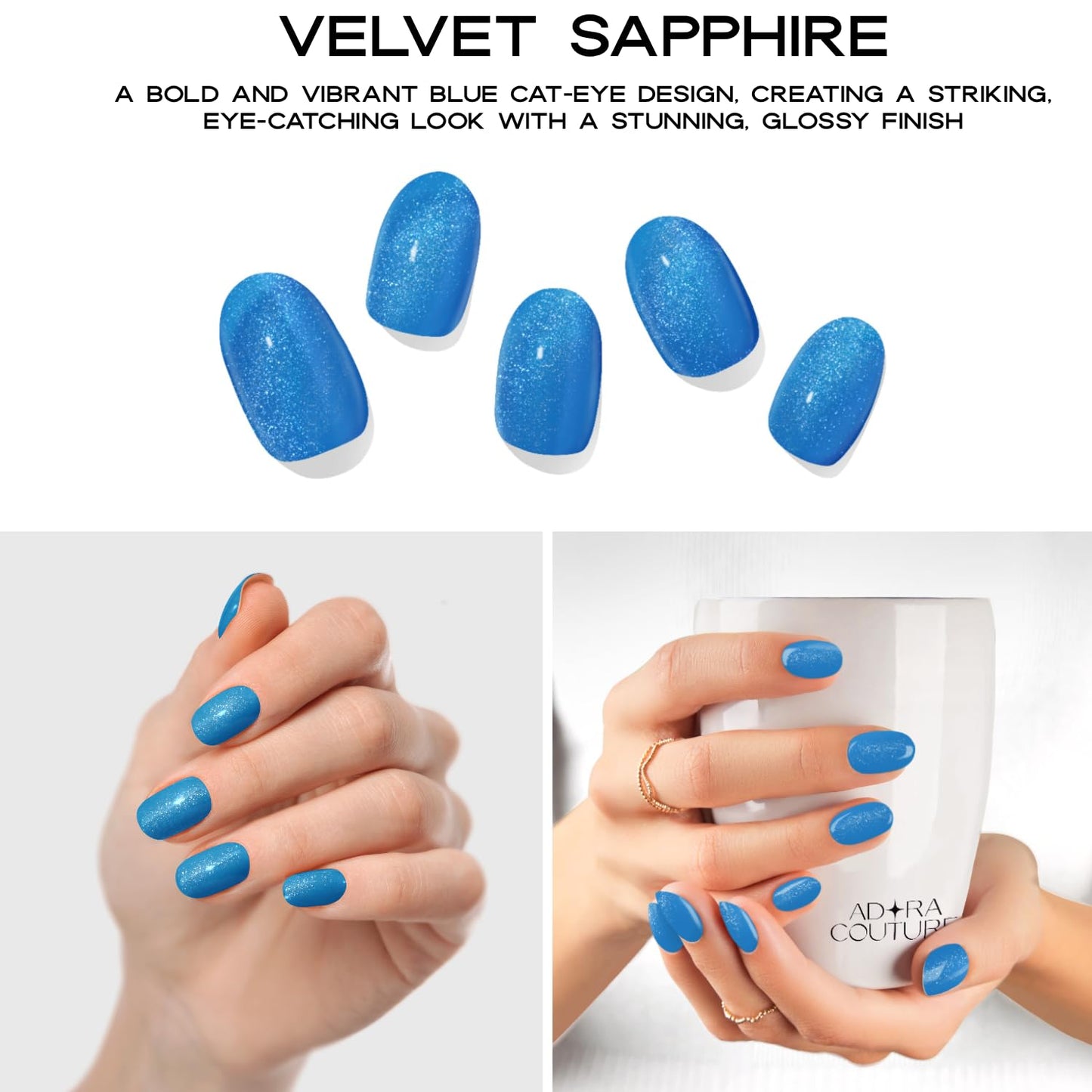 Adora Couture Semi Cured Gel Nail Strips with 20 Pieces - UV Gel Stickers, Manicure Kit, Easy Application Wraps Includes Prep Pads, Nail File, Wooden Stick - UV Light Required (Velvet Sapphire)