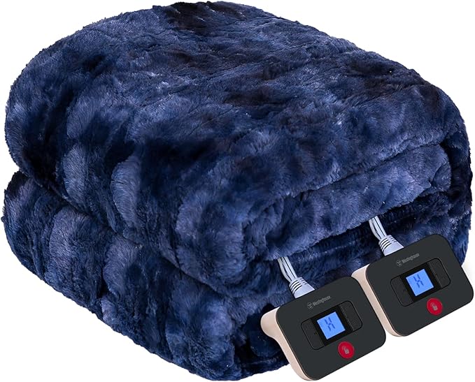 Westinghouse Electric Blanket Queen, Faux Fur Heating Blanket with Dual Control, 10 Heating Levels & 1 to 12 Hour Settings, 84"x90", Navy Blue