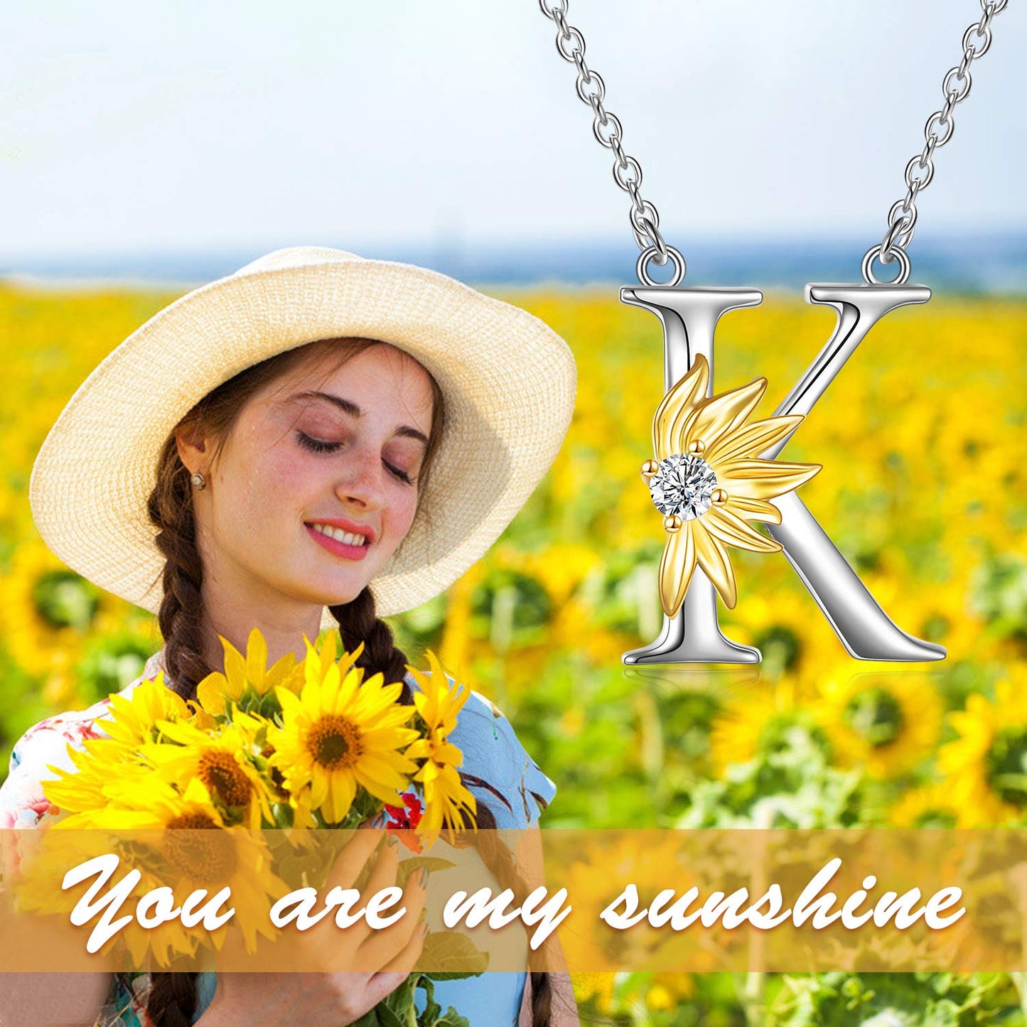 POPLYKE Sterling Silver Initial K Alphabet Letter Script Name Pendant Chain Necklace for Women for (Sunflower K)