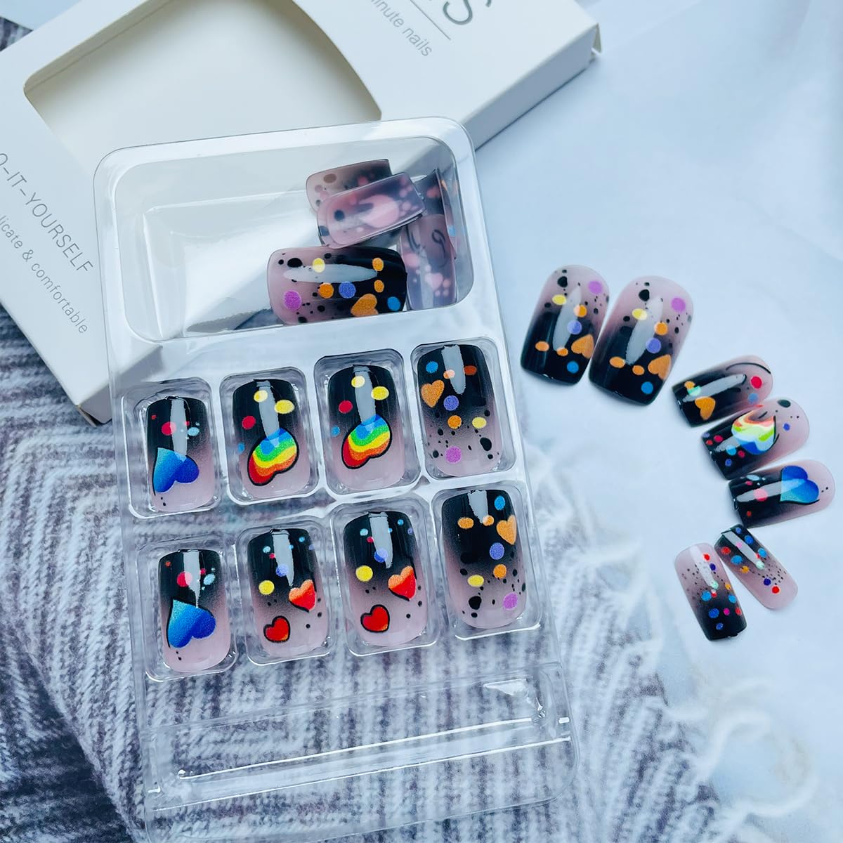 Medium Square Press on Nails Valentines Fake Nails with Colorful Heart Designs Reusable False Nail Pink Black Gradient French Tip Glue on Nails Full Cover Acrylic Artificial Nail for Women 24Pcs