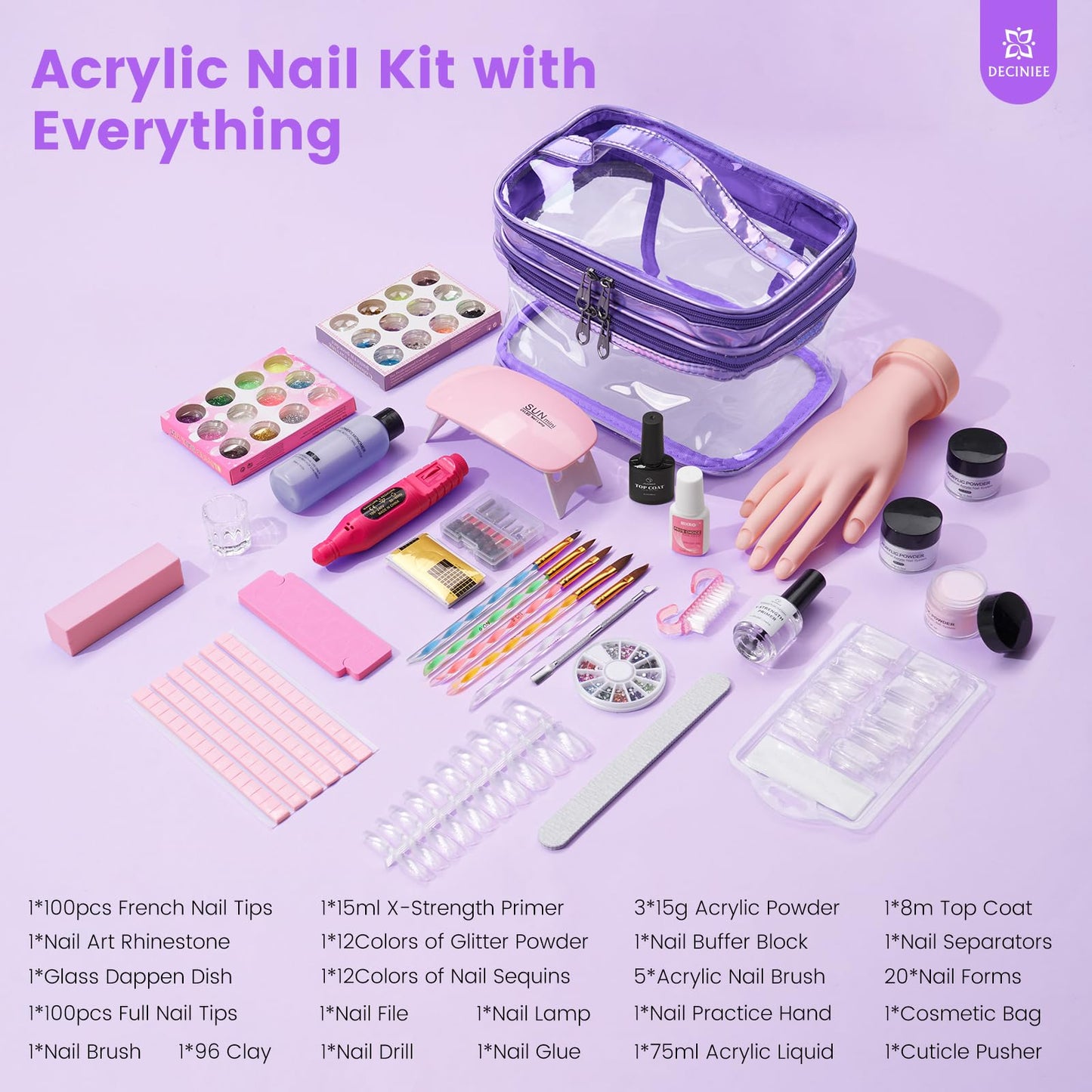 Nail Kit for Beginners with Everything: Professional Monomer Acrylic Nail Liquid Powder Set with Practice Hand Drill U V Light in Cosmetic Bag for Women Salon Home(Purple)